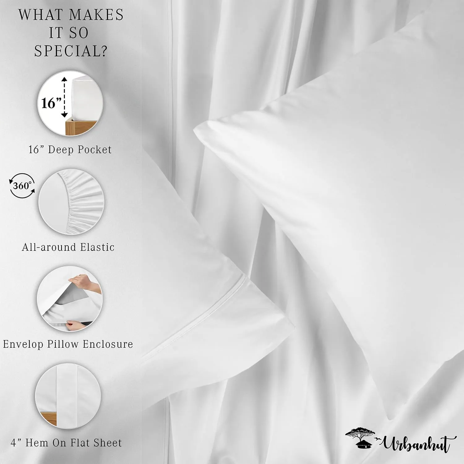 URBANHUT 800 Thread Count Egyptian Cotton Sheets Queen Size, Long Staple Bed Sheets, 4 Pc Bed Sheet Sets for Queen Size Bedding, Sateen Weave Luxury Hotel Bed Sheets Fits 16" Deep Pocket - White