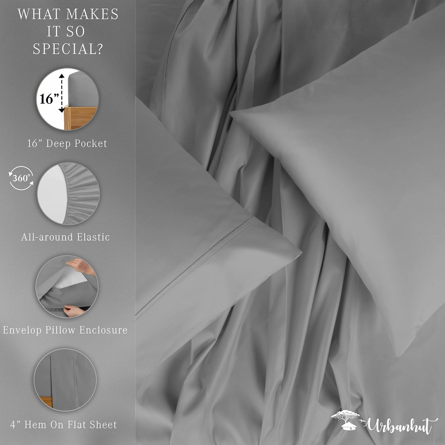 URBANHUT 800 Thread Count Egyptian Cotton Sheets King Size, Long Staple Soft & Breathable, 4 Pc Bed Sheet for King Size Bedding, Sateen Weave Luxury Hotel Bed Sheets Fits 16" Deep Pocket - Dark Grey