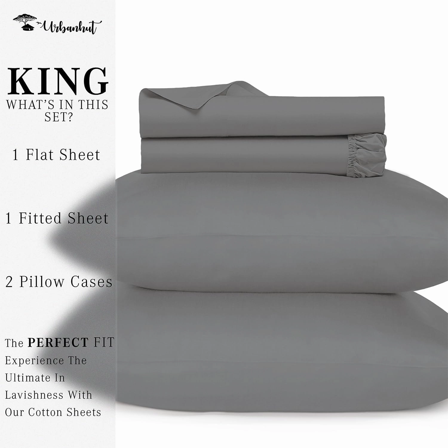URBANHUT 800 Thread Count Egyptian Cotton Sheets King Size, Long Staple Soft & Breathable, 4 Pc Bed Sheet for King Size Bedding, Sateen Weave Luxury Hotel Bed Sheets Fits 16" Deep Pocket - Dark Grey