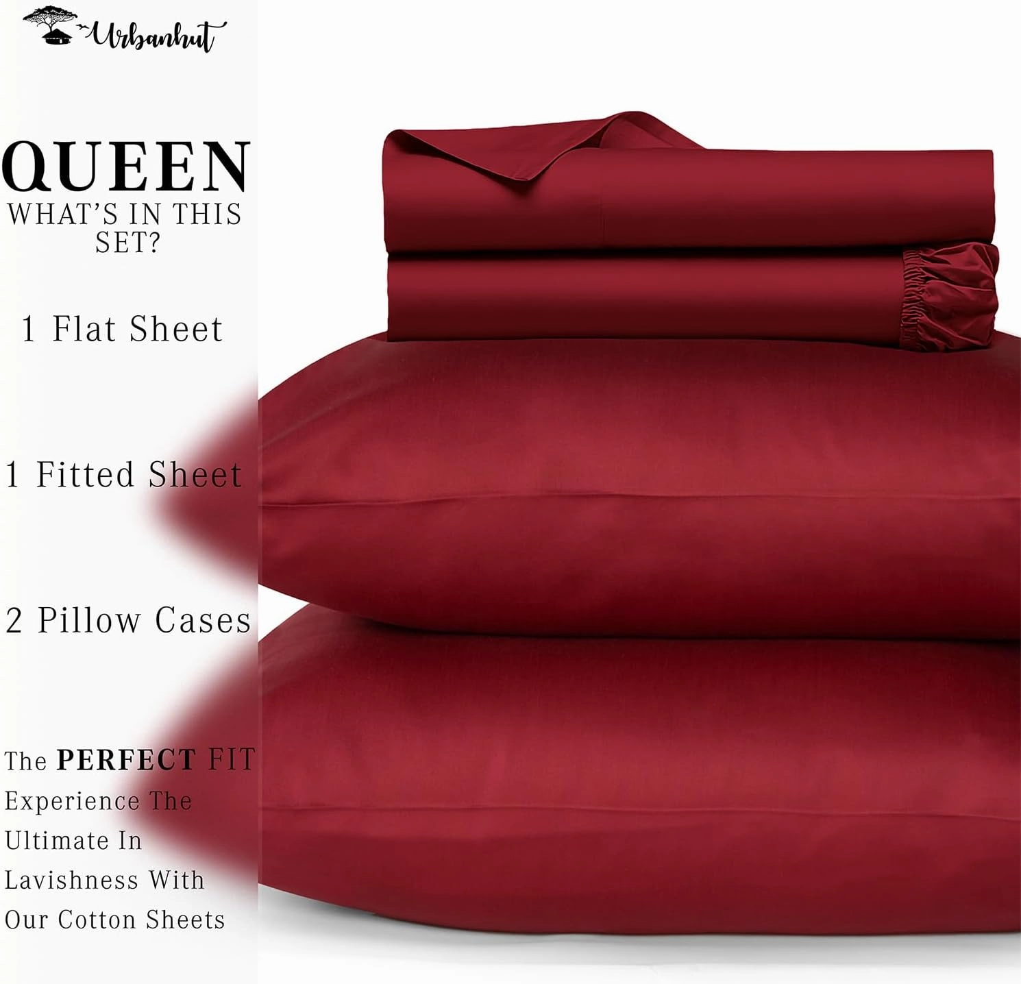 URBANHUT 800 Thread Count Egyptian Cotton Sheets Set Queen Size, Long Staple Sheets, 4 Pc Bed Sheet Sets for Queen Size Bed, Luxury Hotel Sateen Sheets Fits 16" Deep Pocket - Burgundy