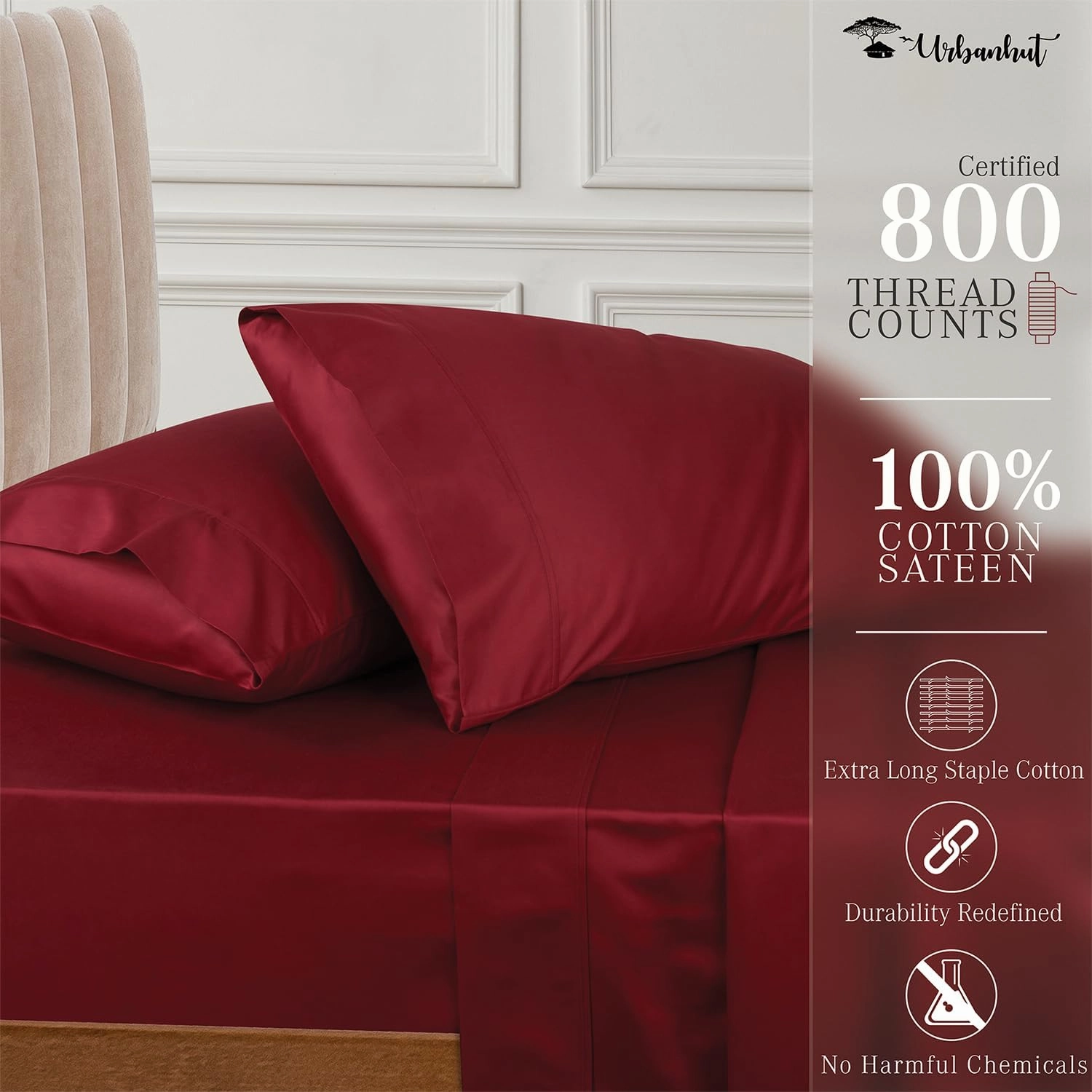 URBANHUT 800 Thread Count Egyptian Cotton Sheets Set Queen Size, Long Staple Sheets, 4 Pc Bed Sheet Sets for Queen Size Bed, Luxury Hotel Sateen Sheets Fits 16" Deep Pocket - Burgundy