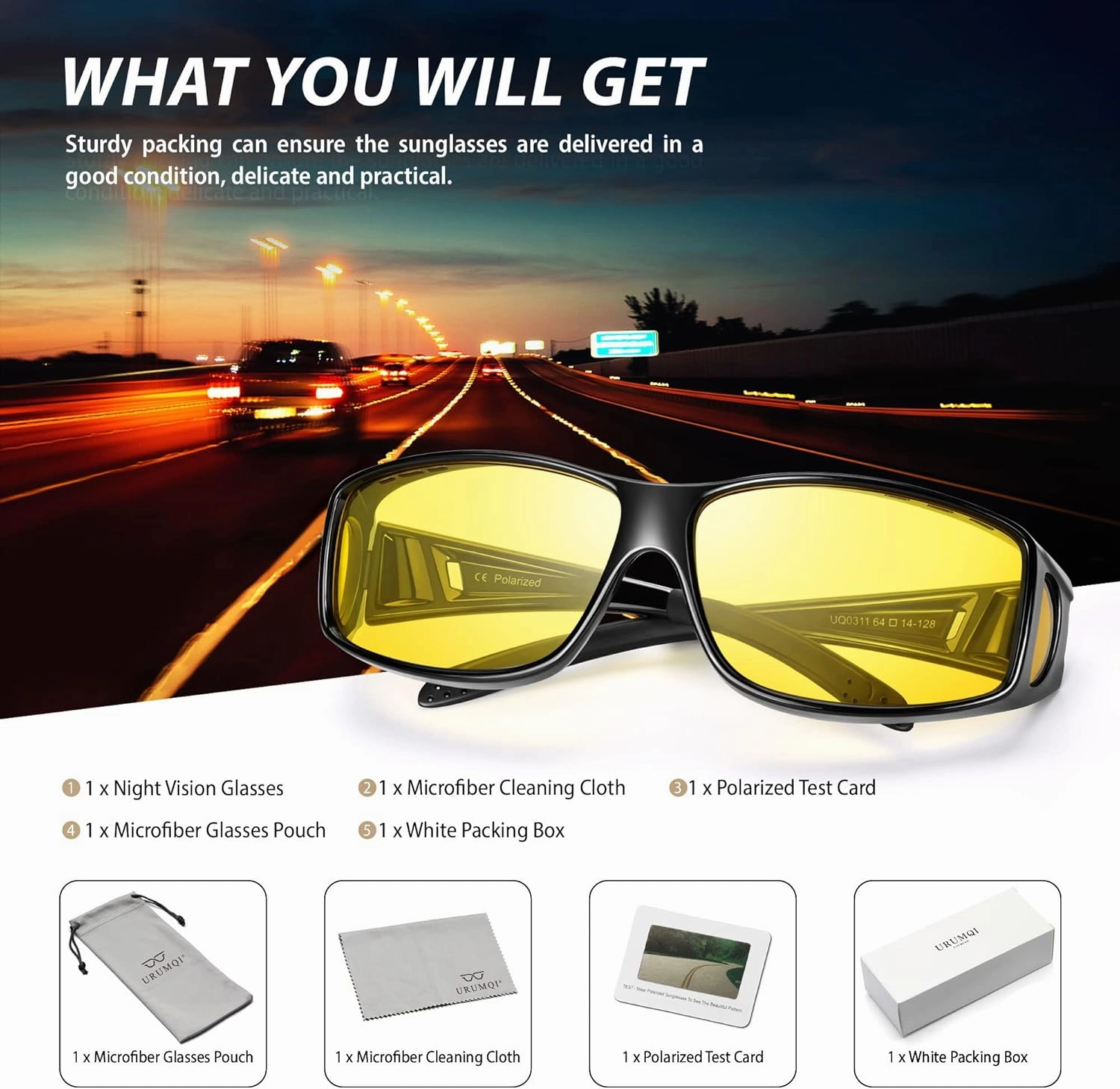URUMQI Night Vision Driving Glasses Fit Over Eyeglasses for Men Women, Anti Glare Polarized Nighttime Glasses Yellow Lens