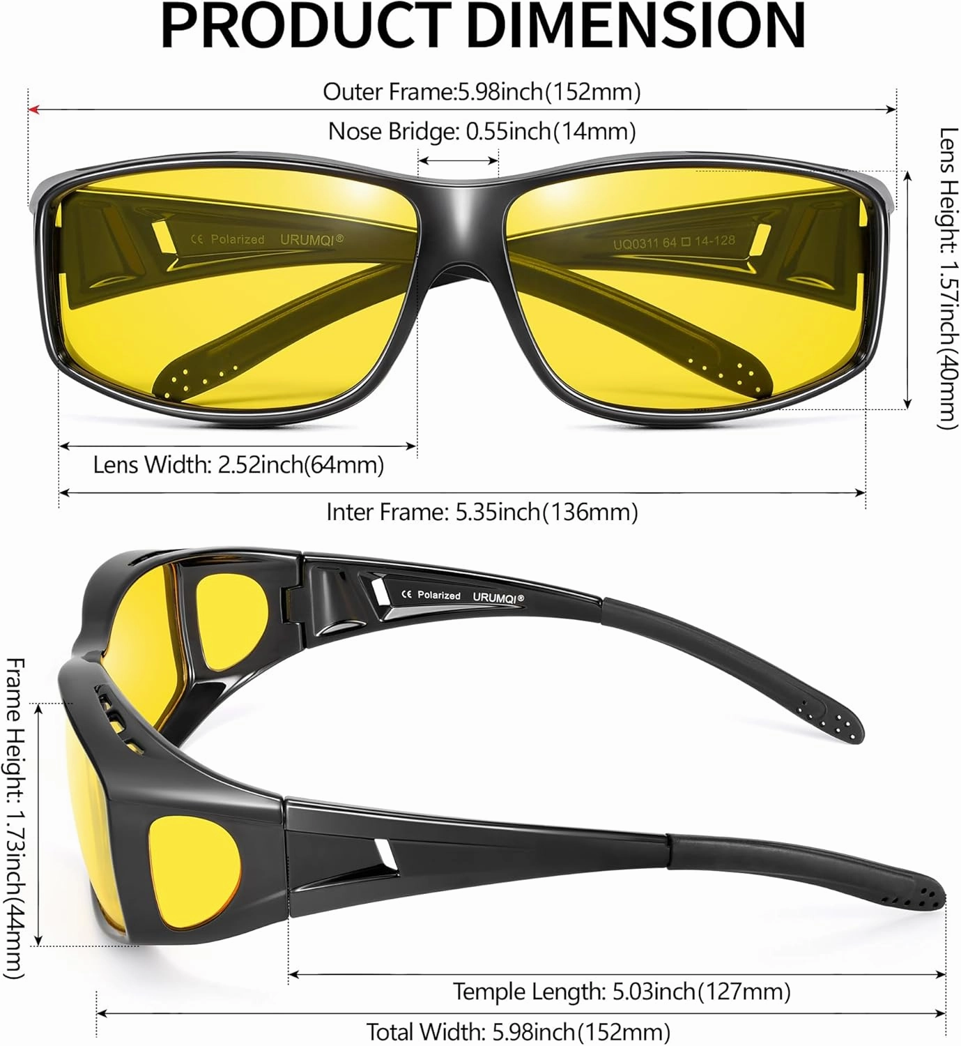 URUMQI Night Vision Driving Glasses Fit Over Eyeglasses for Men Women, Anti Glare Polarized Nighttime Glasses Yellow Lens