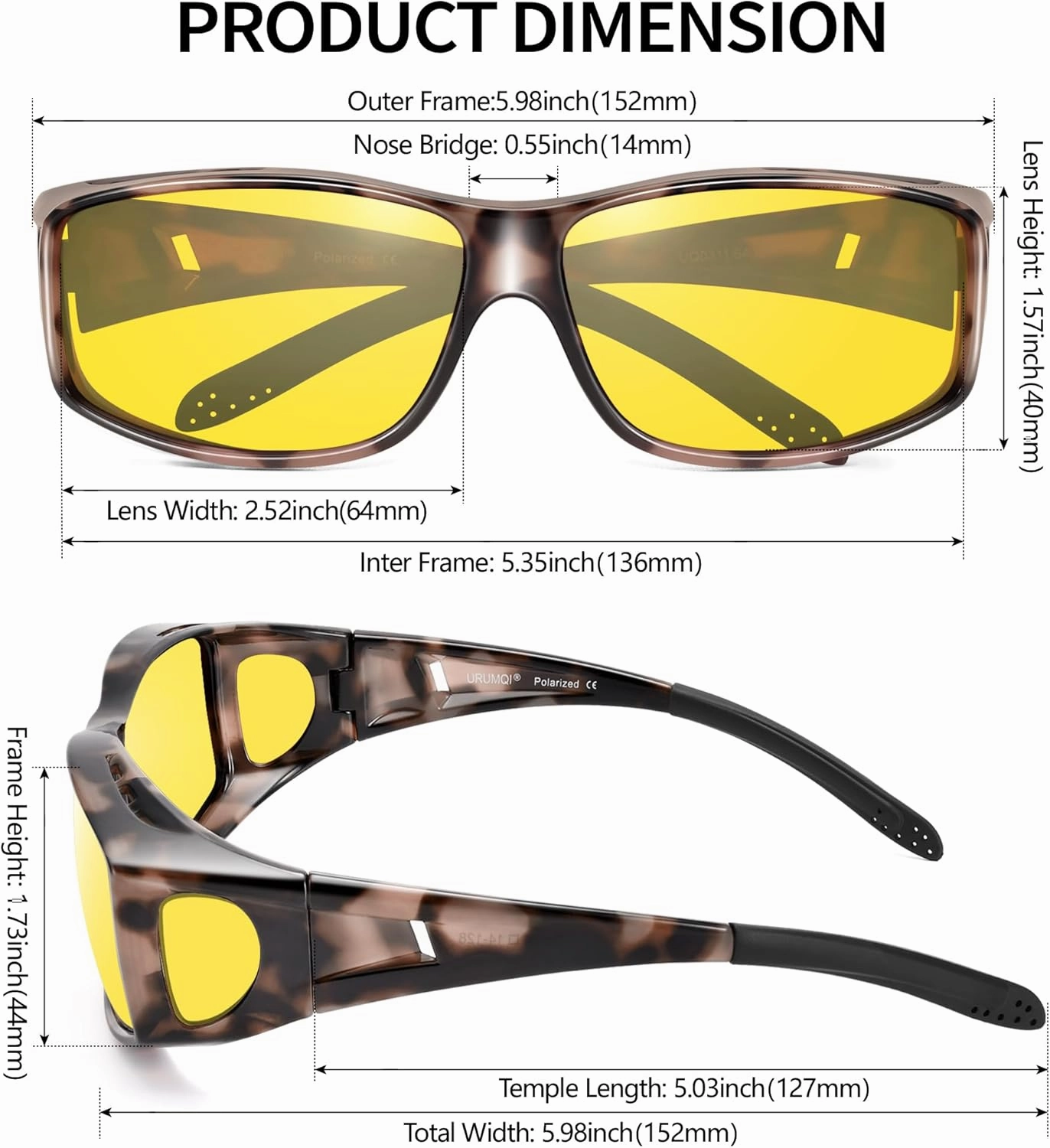 URUMQI Night Vision Driving Glasses Fit Over Eyeglasses for Men Women, Anti Glare Polarized Nighttime Glasses Yellow Lens