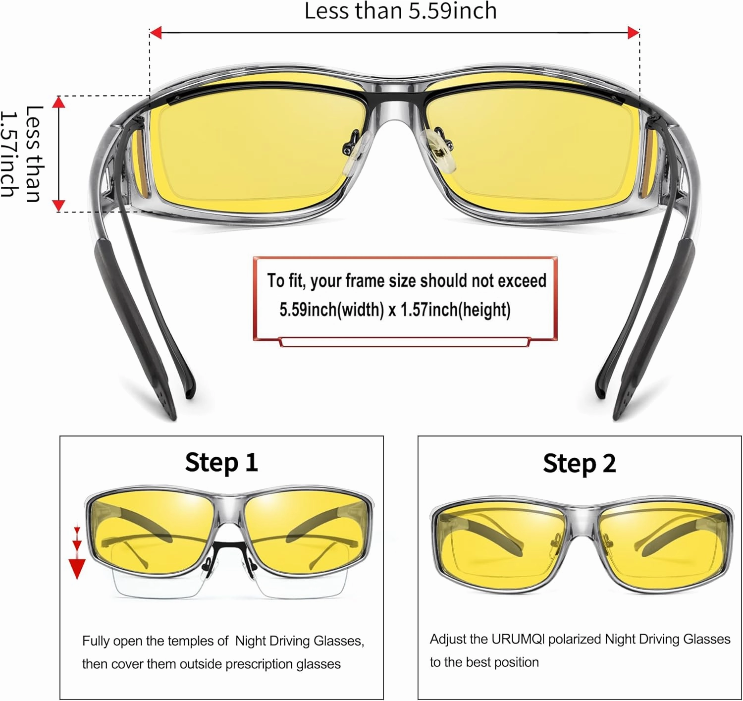 URUMQI Night Vision Driving Glasses Fit Over Eyeglasses for Men Women, Anti Glare Polarized Nighttime Glasses Yellow Lens