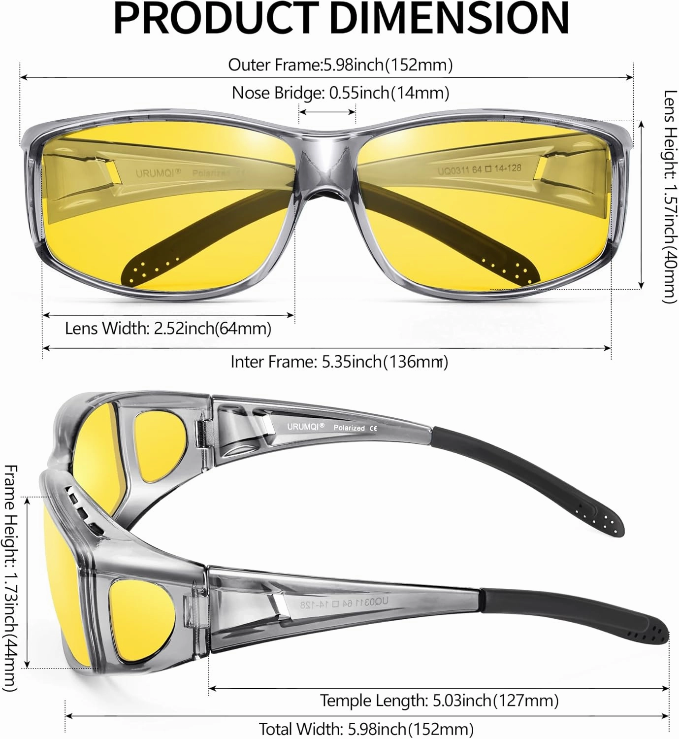 URUMQI Night Vision Driving Glasses Fit Over Eyeglasses for Men Women, Anti Glare Polarized Nighttime Glasses Yellow Lens