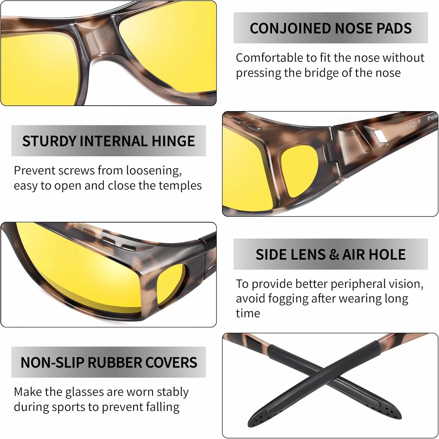 URUMQI Night Vision Driving Glasses Fit Over Eyeglasses for Men Women, Anti Glare Polarized Nighttime Glasses Yellow Lens
