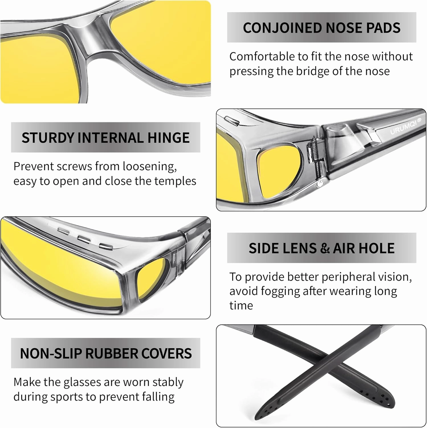 URUMQI Night Vision Driving Glasses Fit Over Eyeglasses for Men Women, Anti Glare Polarized Nighttime Glasses Yellow Lens