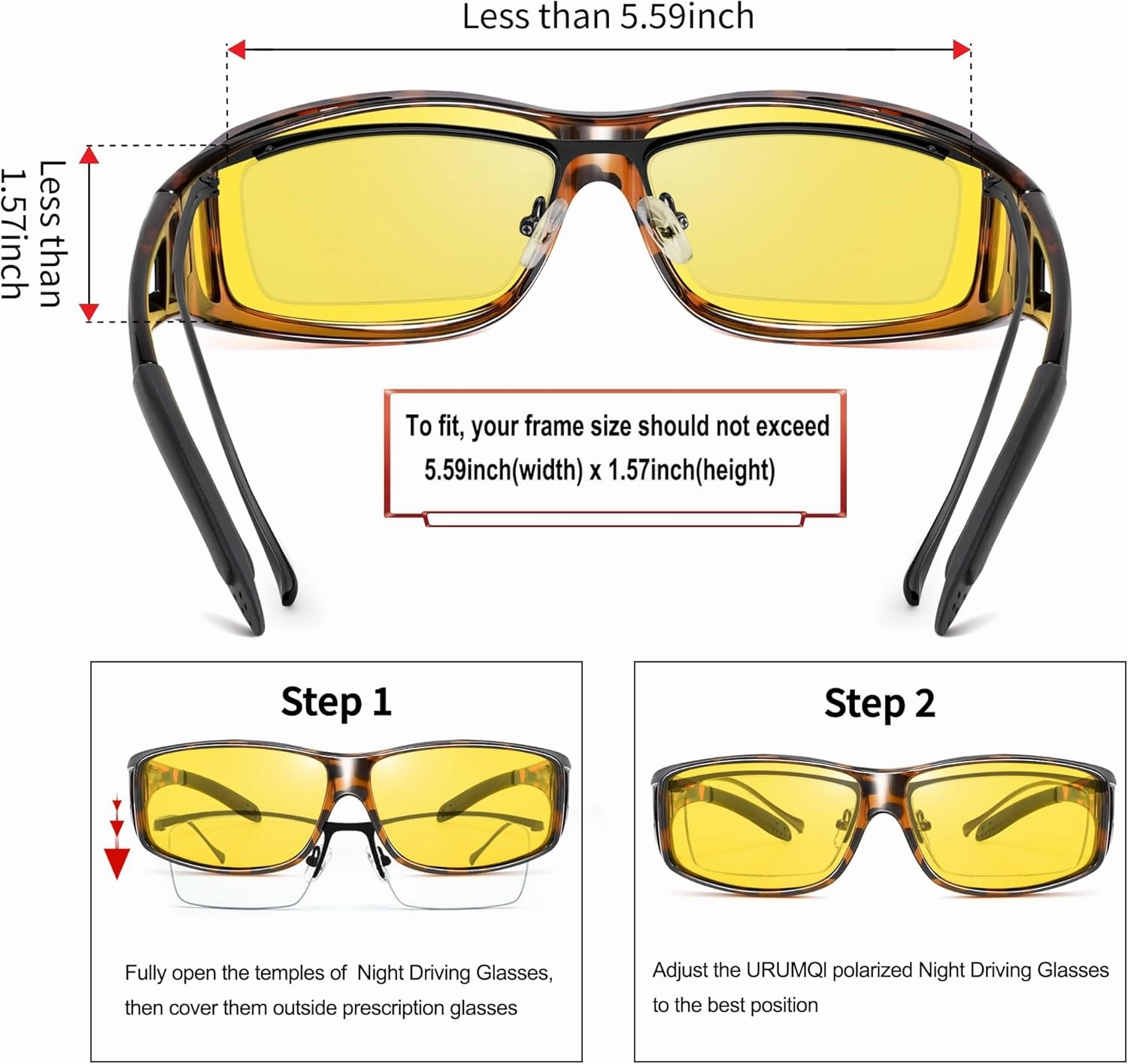 URUMQI Night Vision Driving Glasses Fit Over Eyeglasses for Men Women, Anti Glare Polarized Nighttime Glasses Yellow Lens