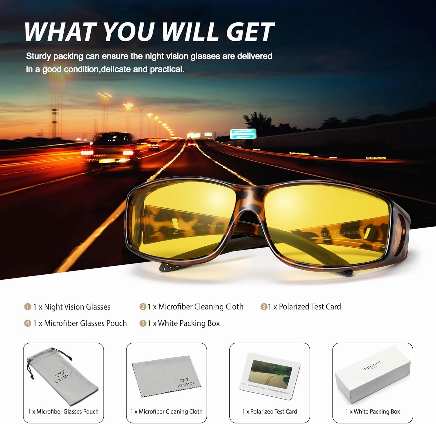 URUMQI Night Vision Driving Glasses Fit Over Eyeglasses for Men Women, Anti Glare Polarized Nighttime Glasses Yellow Lens