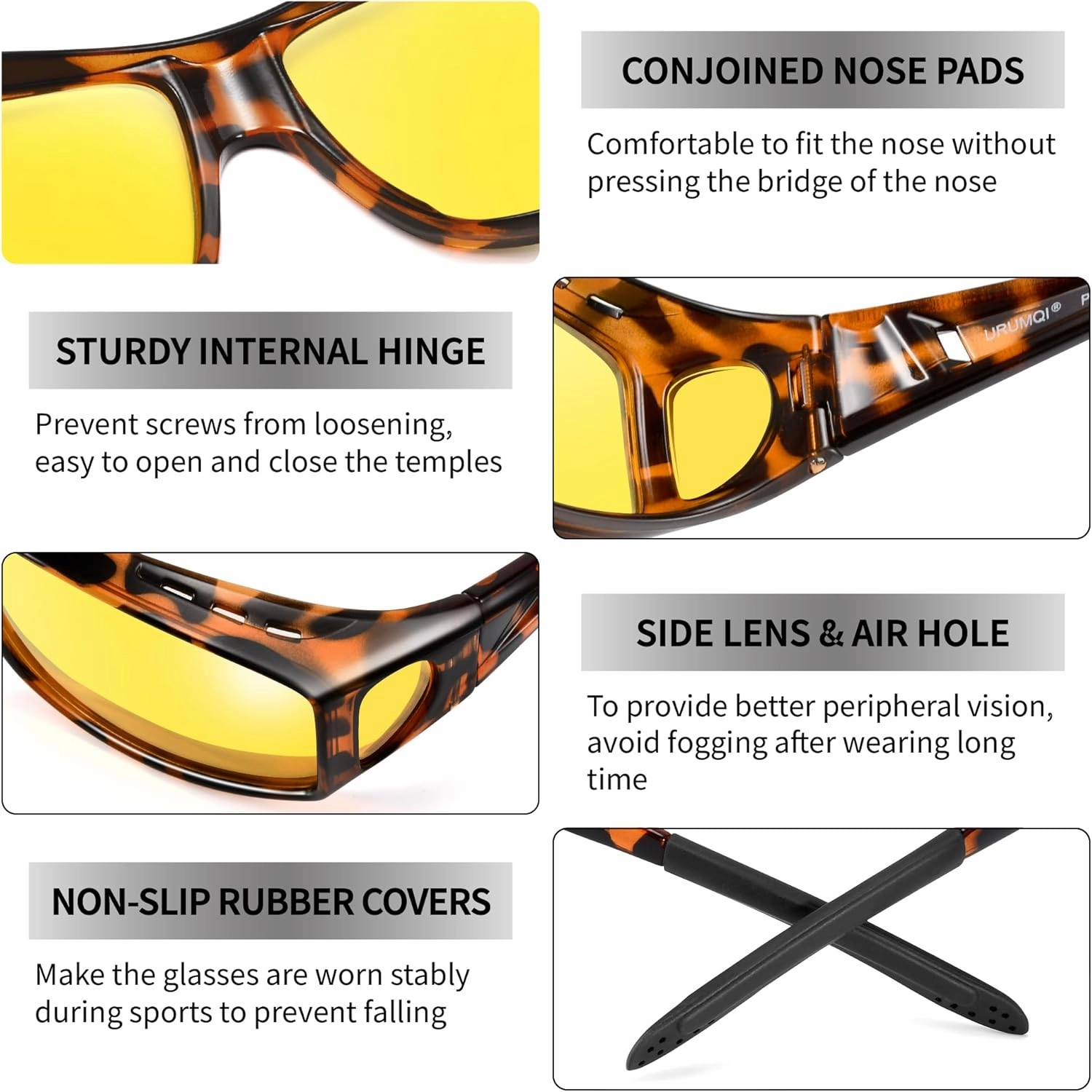 URUMQI Night Vision Driving Glasses Fit Over Eyeglasses for Men Women, Anti Glare Polarized Nighttime Glasses Yellow Lens