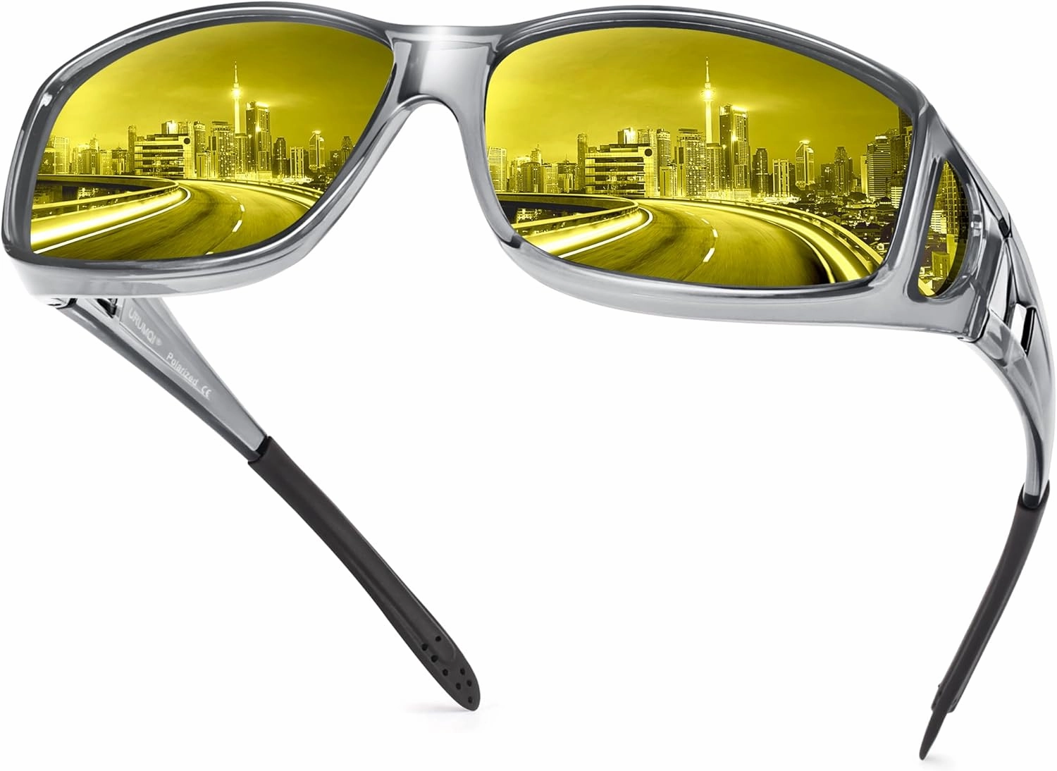 URUMQI Night Vision Driving Glasses Fit Over Eyeglasses for Men Women, Anti Glare Polarized Nighttime Glasses Yellow Lens