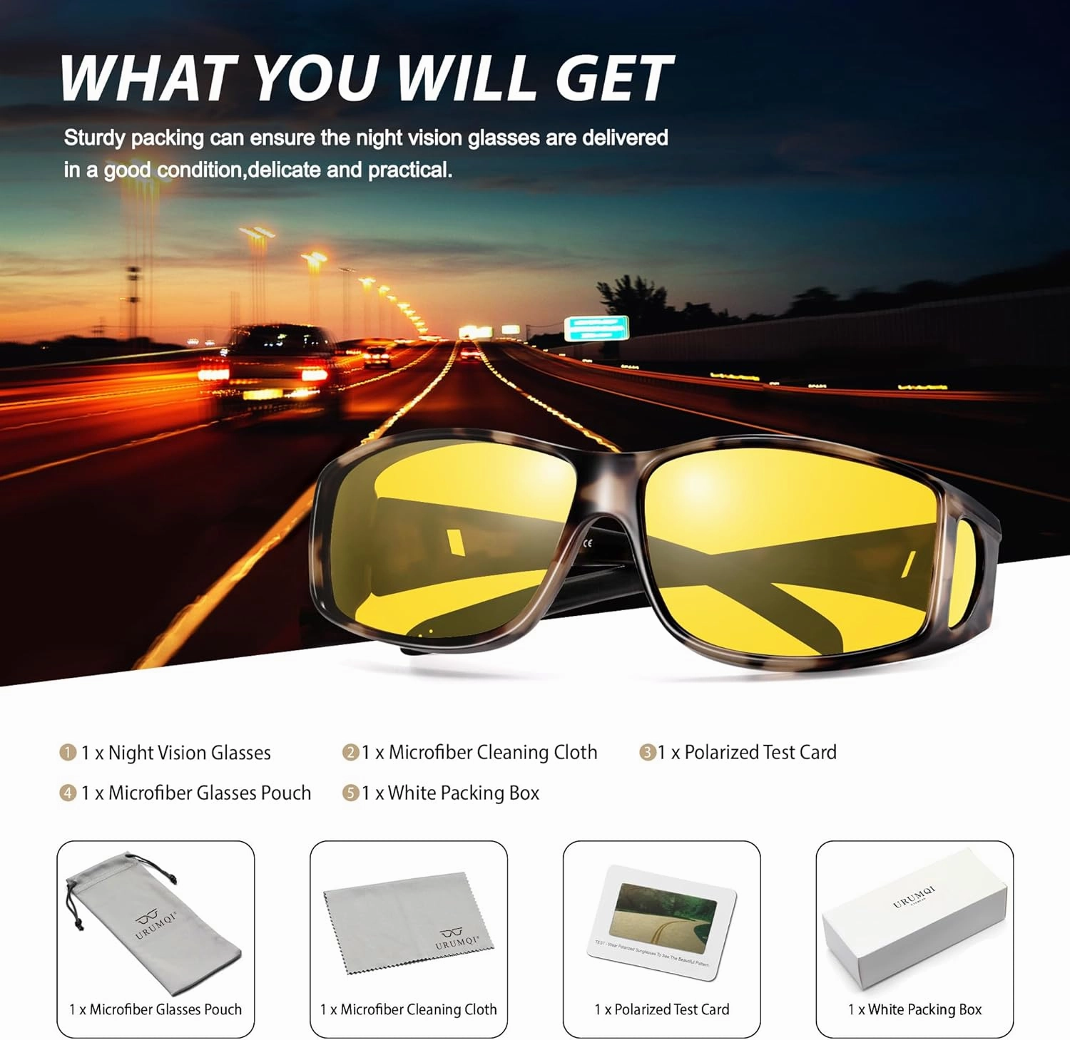URUMQI Night Vision Driving Glasses Fit Over Eyeglasses for Men Women, Anti Glare Polarized Nighttime Glasses Yellow Lens