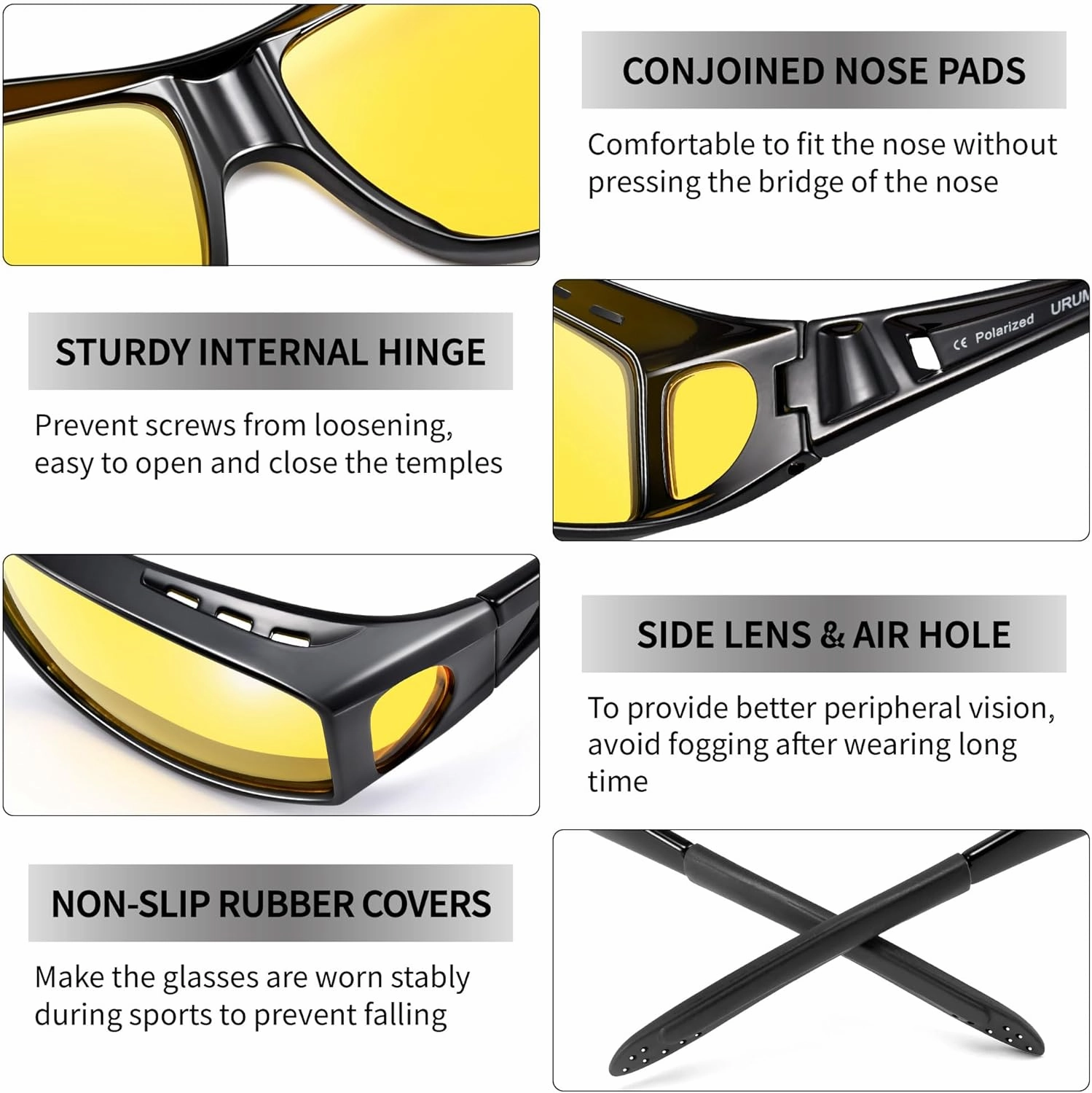 URUMQI Night Vision Driving Glasses Fit Over Eyeglasses for Men Women, Anti Glare Polarized Nighttime Glasses Yellow Lens
