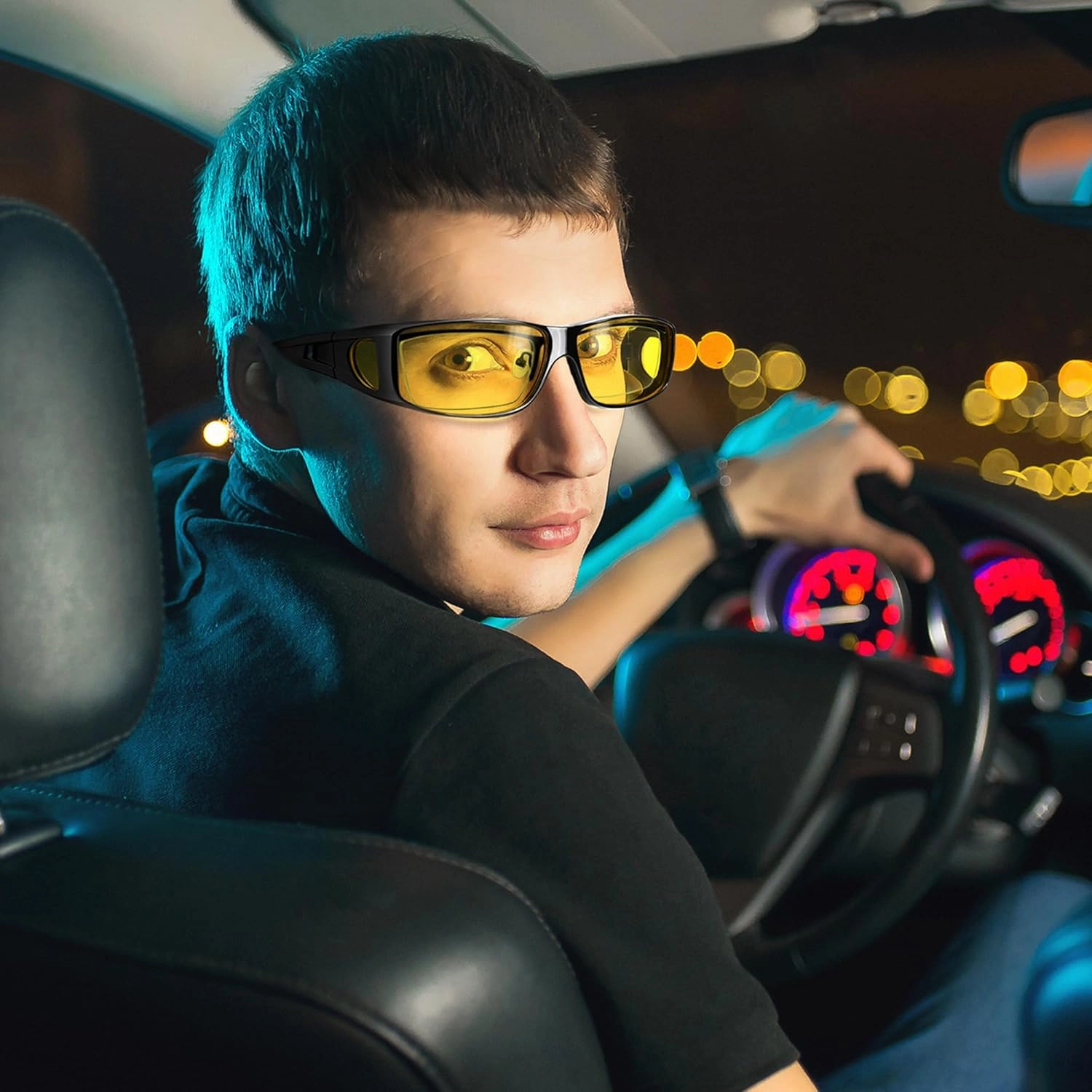 URUMQI Night Vision Driving Glasses Fit Over Eyeglasses for Men Women, Anti Glare Polarized Nighttime Glasses Yellow Lens