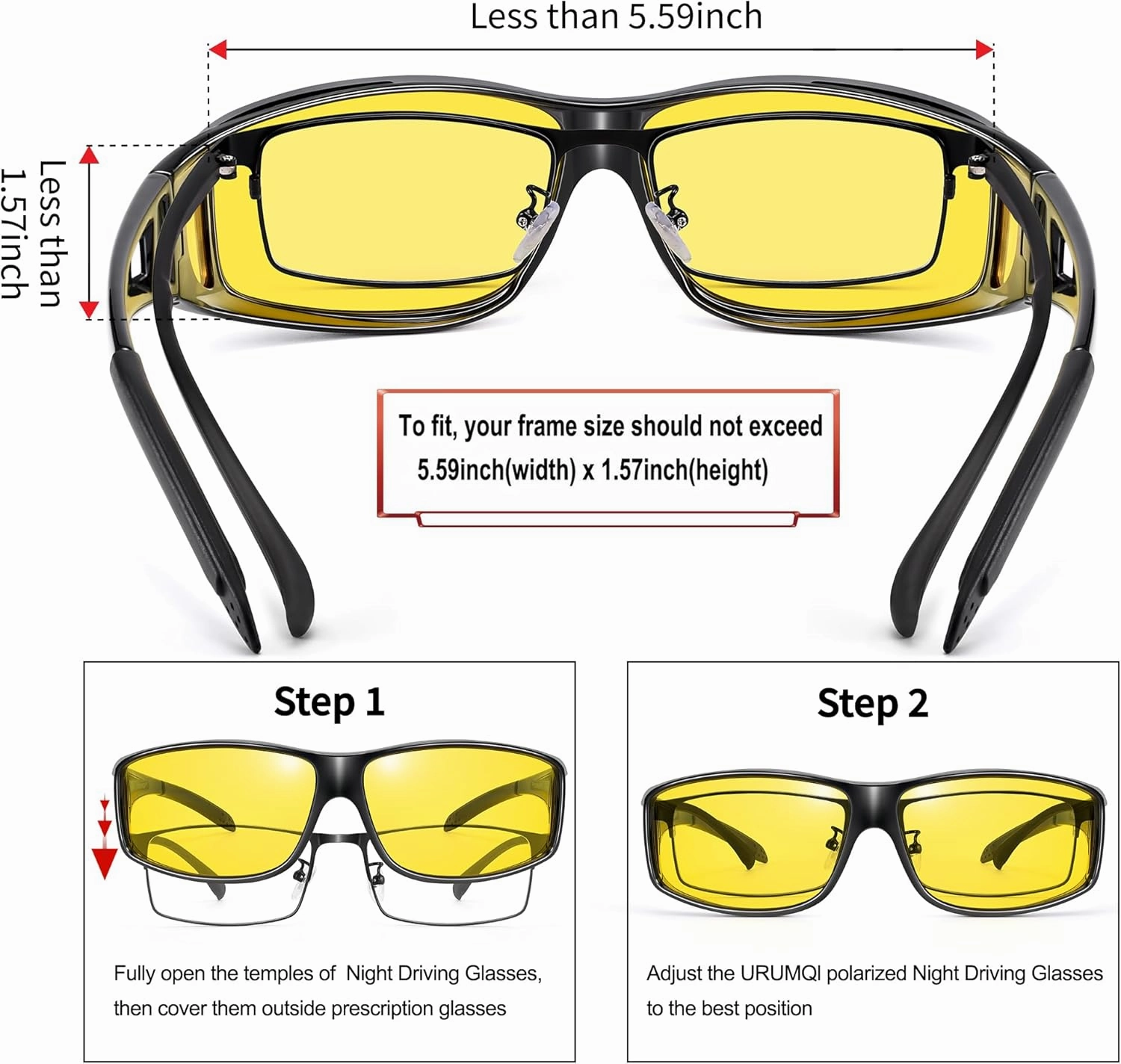 URUMQI Night Vision Driving Glasses Fit Over Eyeglasses for Men Women, Anti Glare Polarized Nighttime Glasses Yellow Lens