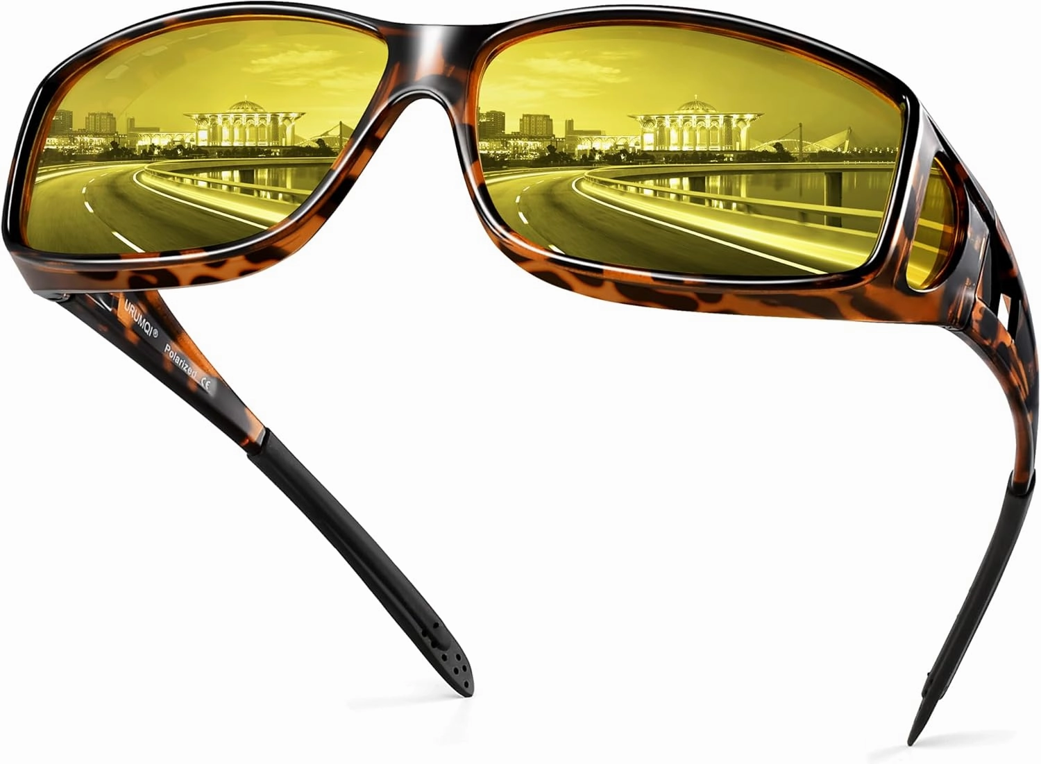 URUMQI Night Vision Driving Glasses Fit Over Eyeglasses for Men Women, Anti Glare Polarized Nighttime Glasses Yellow Lens