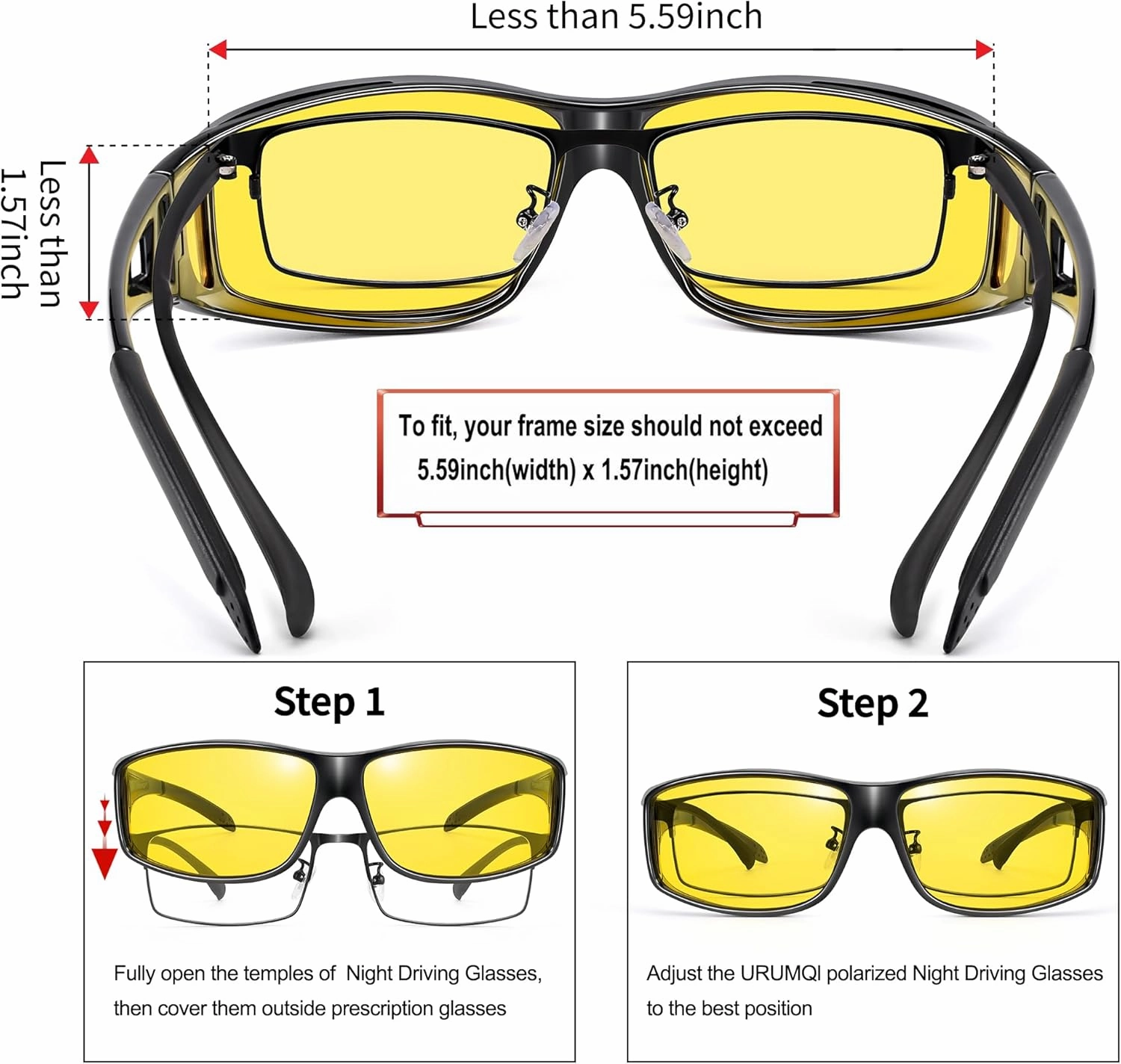 URUMQI Night Vision Driving Glasses Fit Over Eyeglasses for Men Women, Anti Glare Polarized Nighttime Glasses Yellow Lens