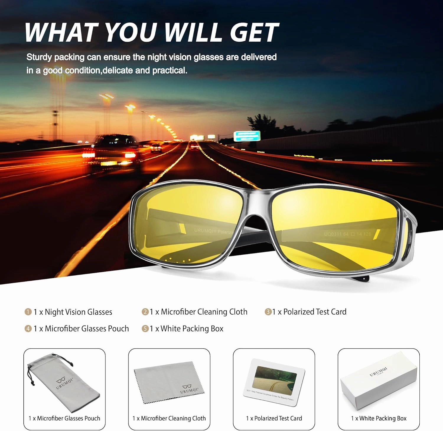 URUMQI Night Vision Driving Glasses Fit Over Eyeglasses for Men Women, Anti Glare Polarized Nighttime Glasses Yellow Lens