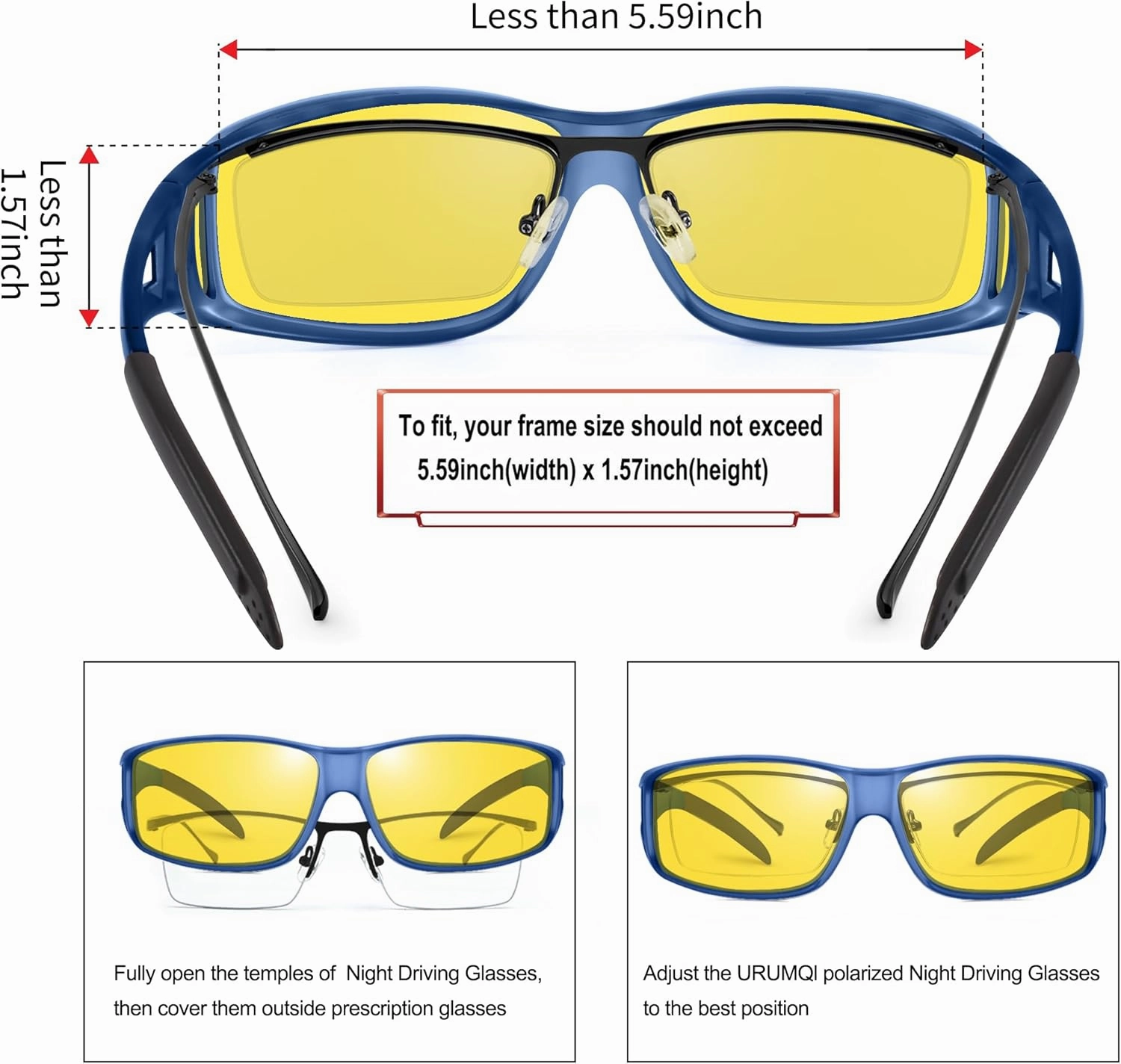 URUMQI Night Vision Driving Glasses Fit Over Eyeglasses for Men Women, Anti Glare Polarized Nighttime Glasses Yellow Lens
