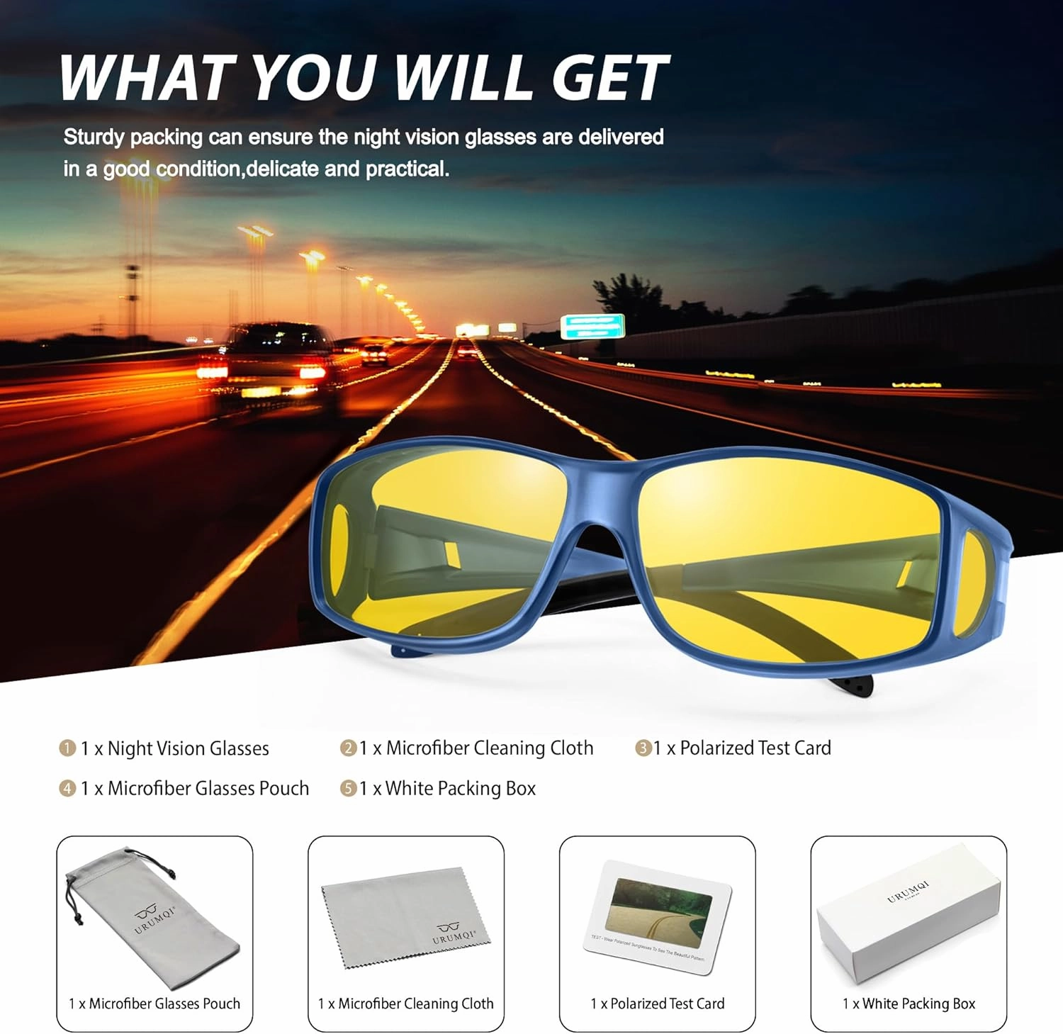 URUMQI Night Vision Driving Glasses Fit Over Eyeglasses for Men Women, Anti Glare Polarized Nighttime Glasses Yellow Lens