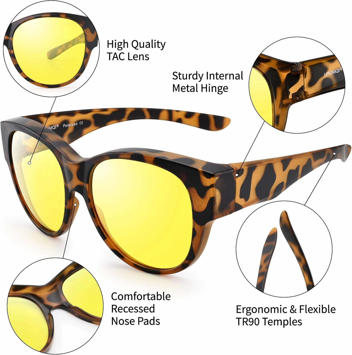 URUMQI Night Vision Driving Glasses for Women Anti-Glare Fit Over, Polarized Night Time HD Yellow Lens