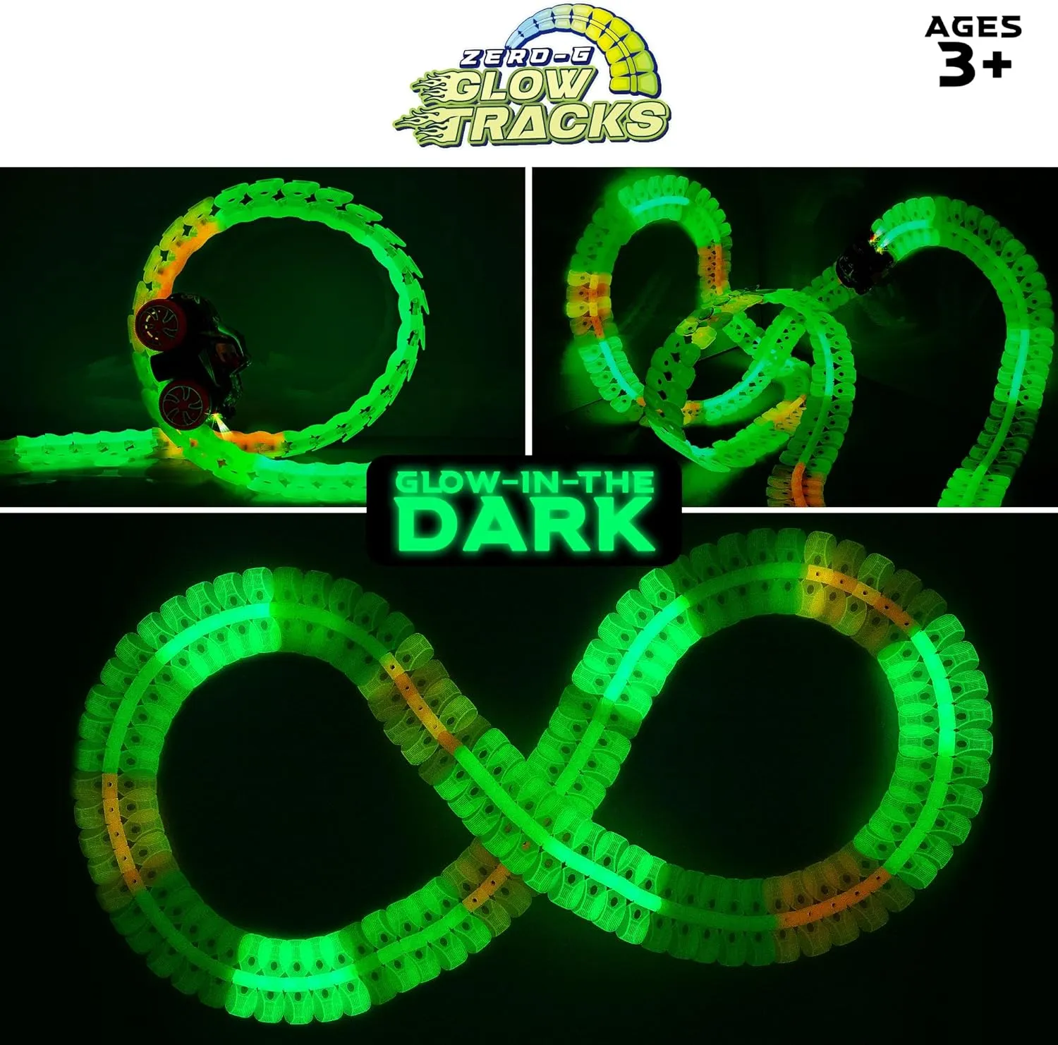 USA Toyz Zero-G Glow Race Track for Kids- 150pcs Glow in The Dark Flexible Race Track Set with Suction Cups, Slot Car, 2 Graffiti Toy Cars Shells, STEM Toy LED Car Tracks for Boys and Girls Age 3 