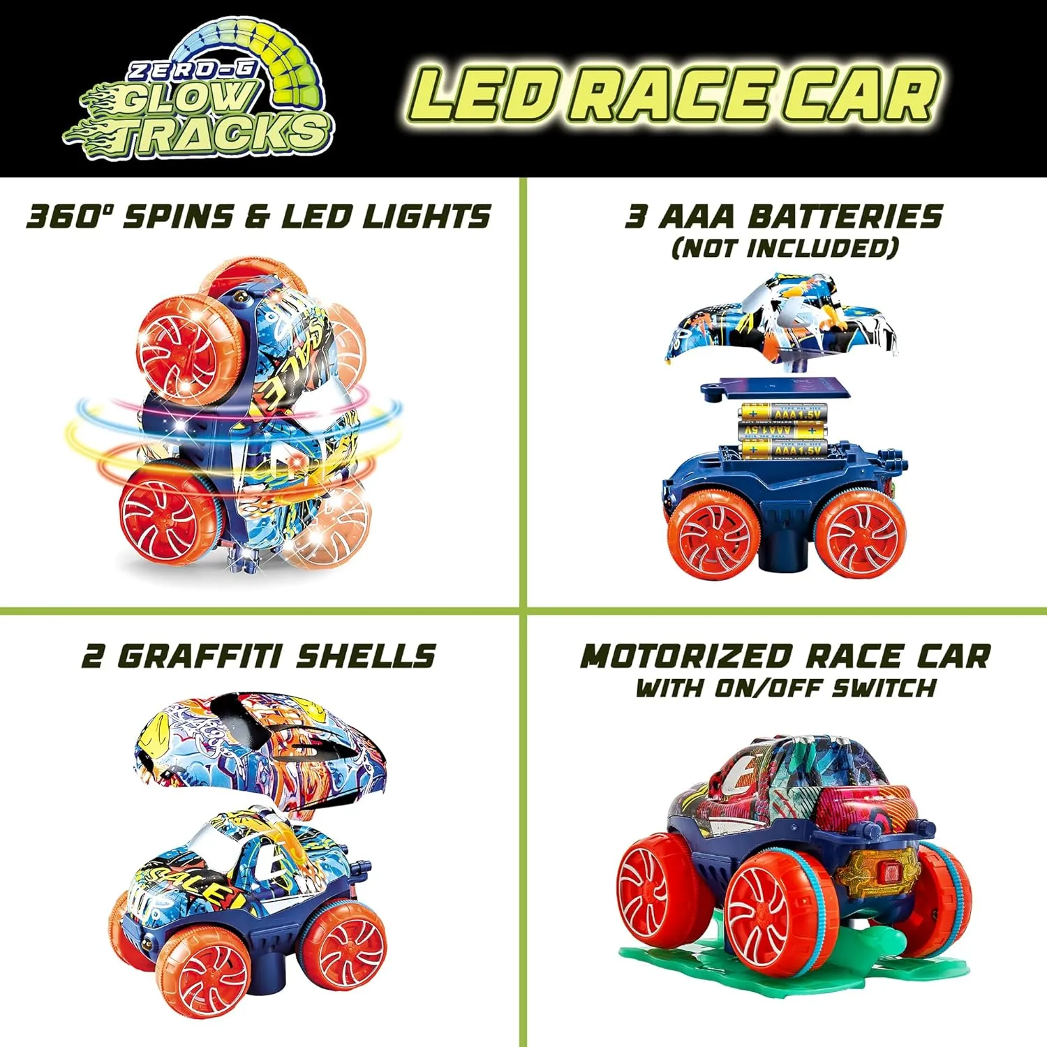USA Toyz Zero-G Glow Race Track for Kids- 150pcs Glow in The Dark Flexible Race Track Set with Suction Cups, Slot Car, 2 Graffiti Toy Cars Shells, STEM Toy LED Car Tracks for Boys and Girls Age 3 