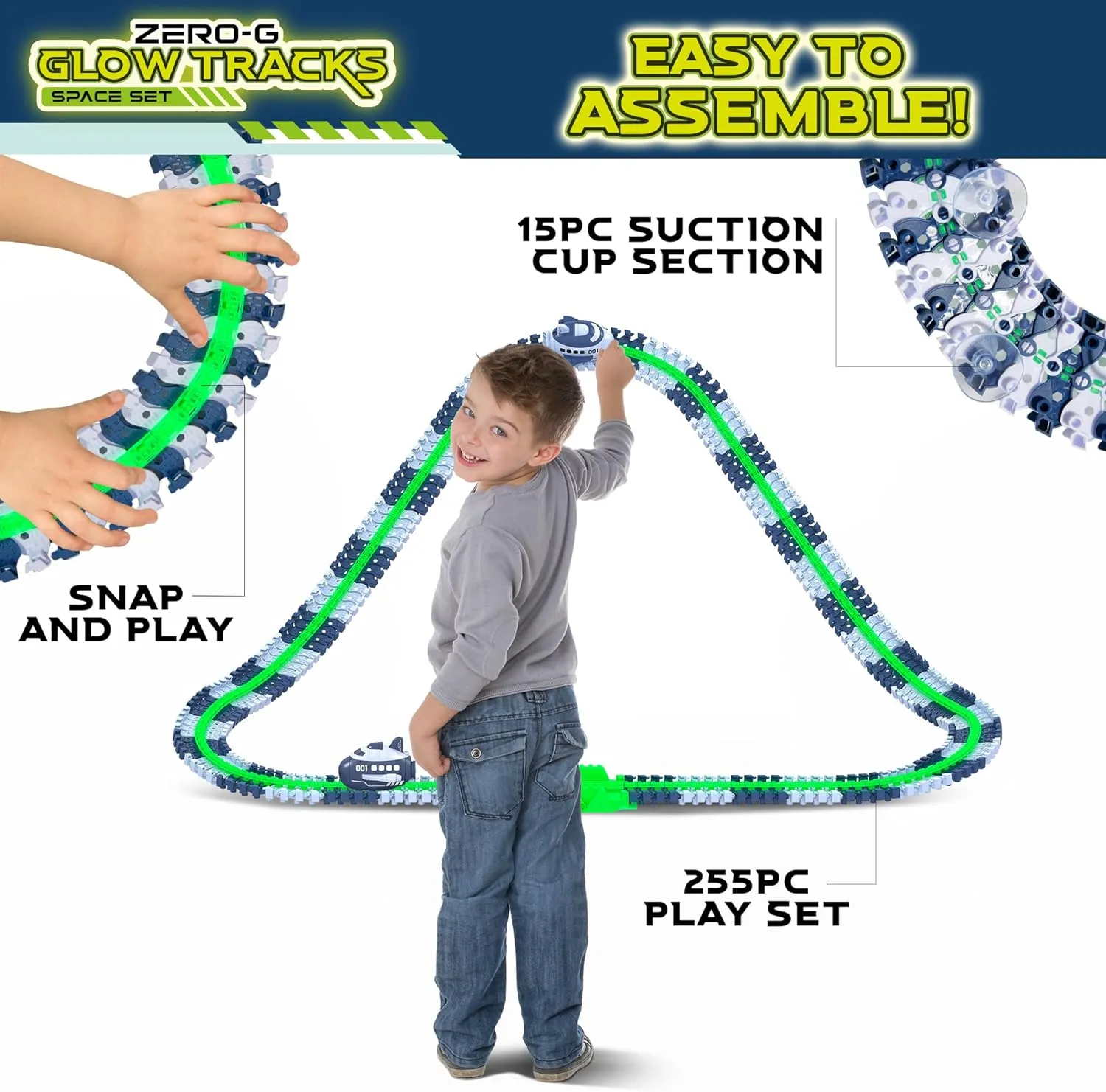 USA Toyz Zero G Space Glow Race Track for Kids- 258pc Glow in The Dark Flexible Race Track Set with Suction Cups, 2 Rocketship Cars, Take Apart STEM Building Toy Car Tracks for Boys and Girls Age 3 