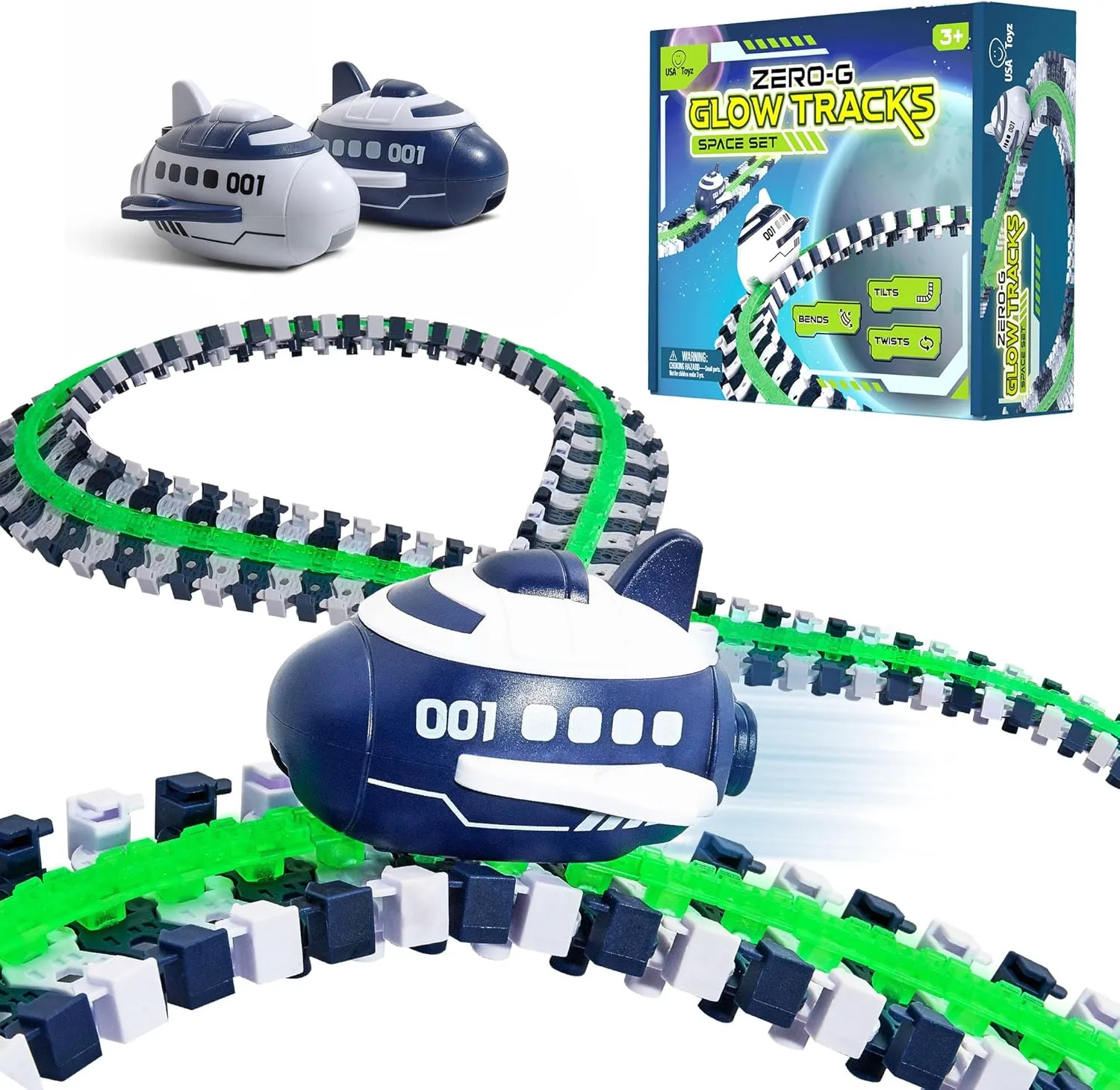 USA Toyz Zero G Space Glow Race Track for Kids- 258pc Glow in The Dark Flexible Race Track Set with Suction Cups, 2 Rocketship Cars, Take Apart STEM Building Toy Car Tracks for Boys and Girls Age 3 