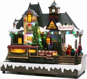 Valery Madelyn Christmas Village House Decorations, Battery Operated Train Station with Music, LED Lights and Moving Train, for Christmas Home Gift Decor, Vintage Christmas Hometown, 11.6 Inch