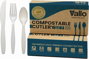 Vallo 100% Compostable Cutlery Set - Forks, Spoons, Knives [300 Utensils] - Premium Eco-Friendly Disposable Cutlery, Biodegradable Alternative To Plastic Silverware, Durable and Heat Resistant [7 in.]