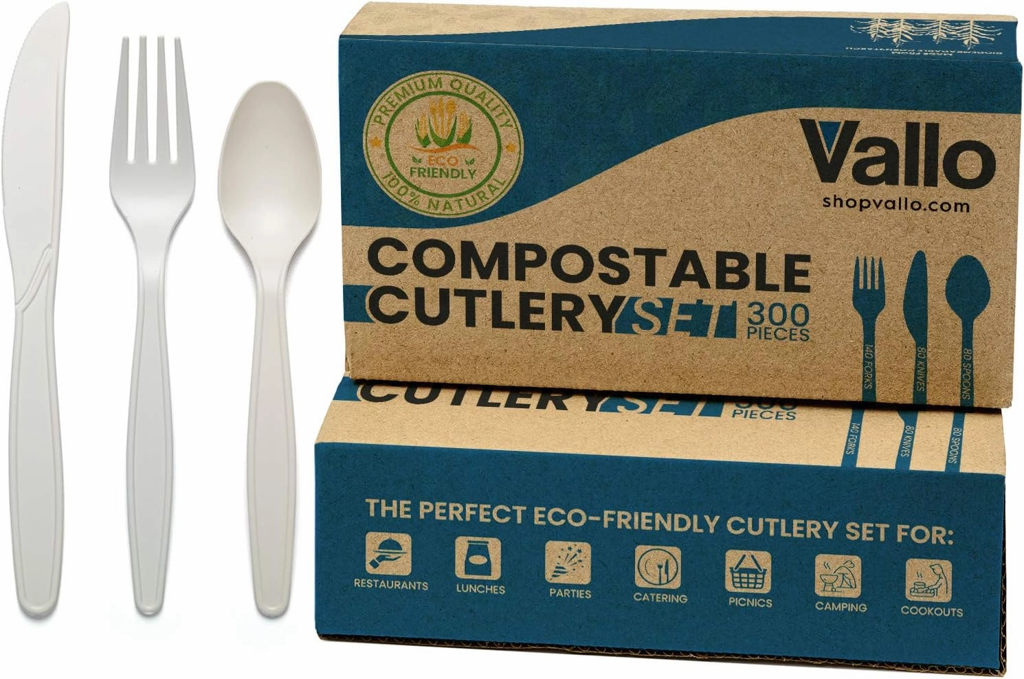 Vallo 100% Compostable Cutlery Set - Forks, Spoons, Knives [300 Utensils] - Premium Eco-Friendly Disposable Cutlery, Biodegradable Alternative To Plastic Silverware, Durable and Heat Resistant [7 in.]