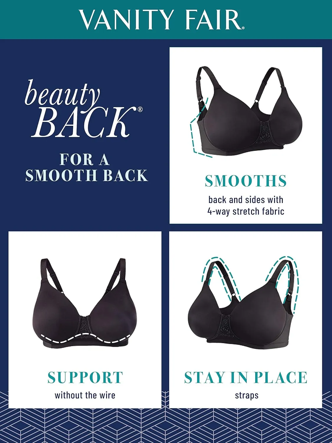 Vanity Fair Women's Full Figure Beauty Back Smoothing Bra, 4 Way Stretch Fabric, Lightly Lined Cups up to H