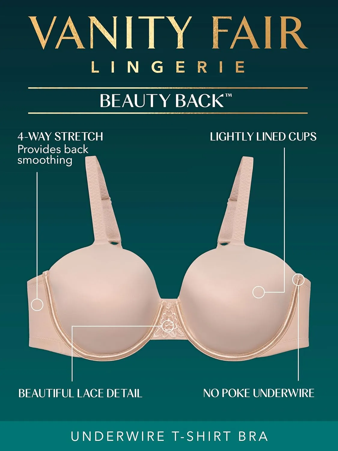 Vanity Fair Women's Full Figure Beauty Back Smoothing Bra, 4 Way Stretch Fabric, Lightly Lined Cups up to H