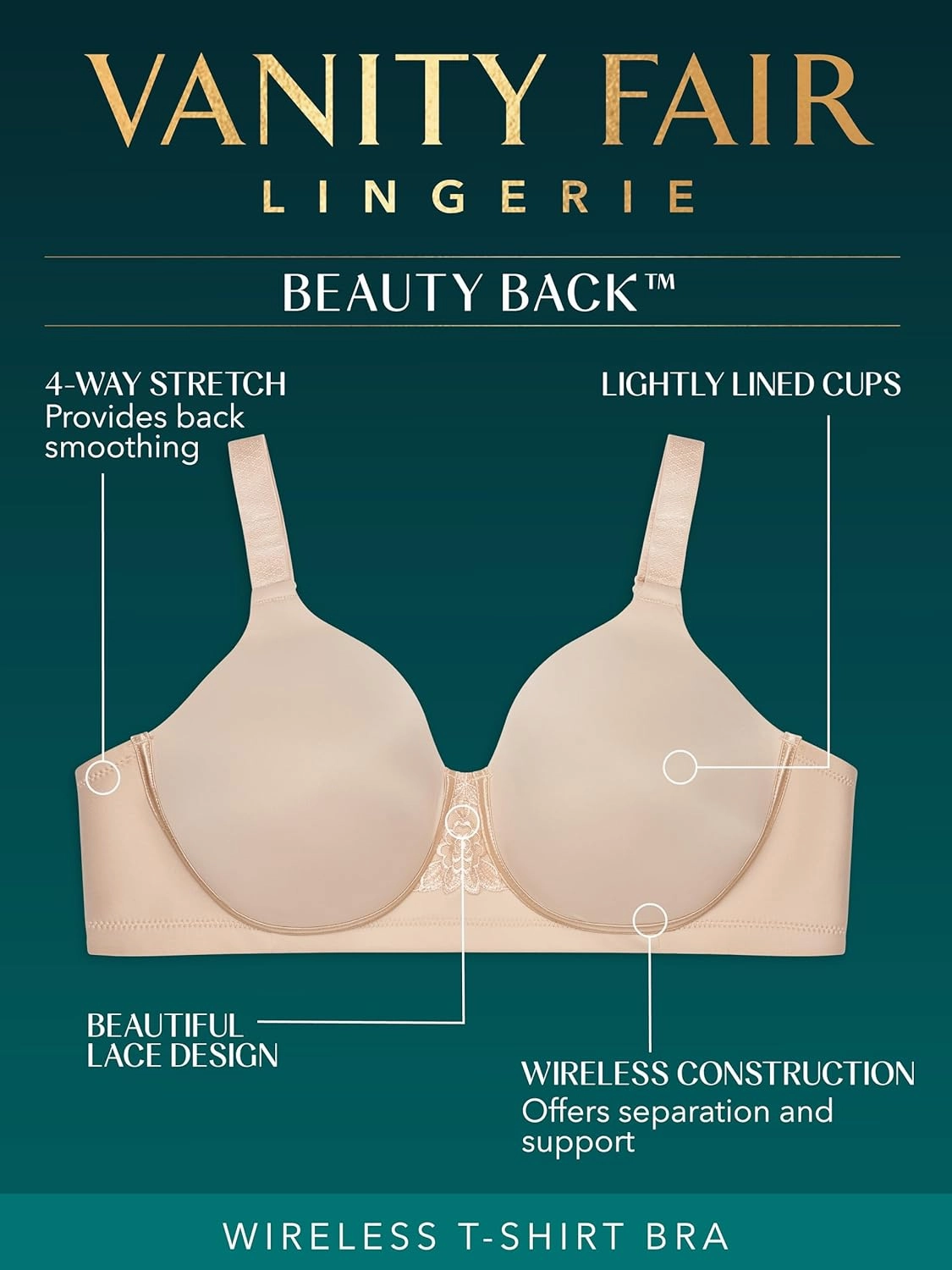 Vanity Fair Women's Full Figure Beauty Back Smoothing Bra, 4 Way Stretch Fabric, Lightly Lined Cups up to H
