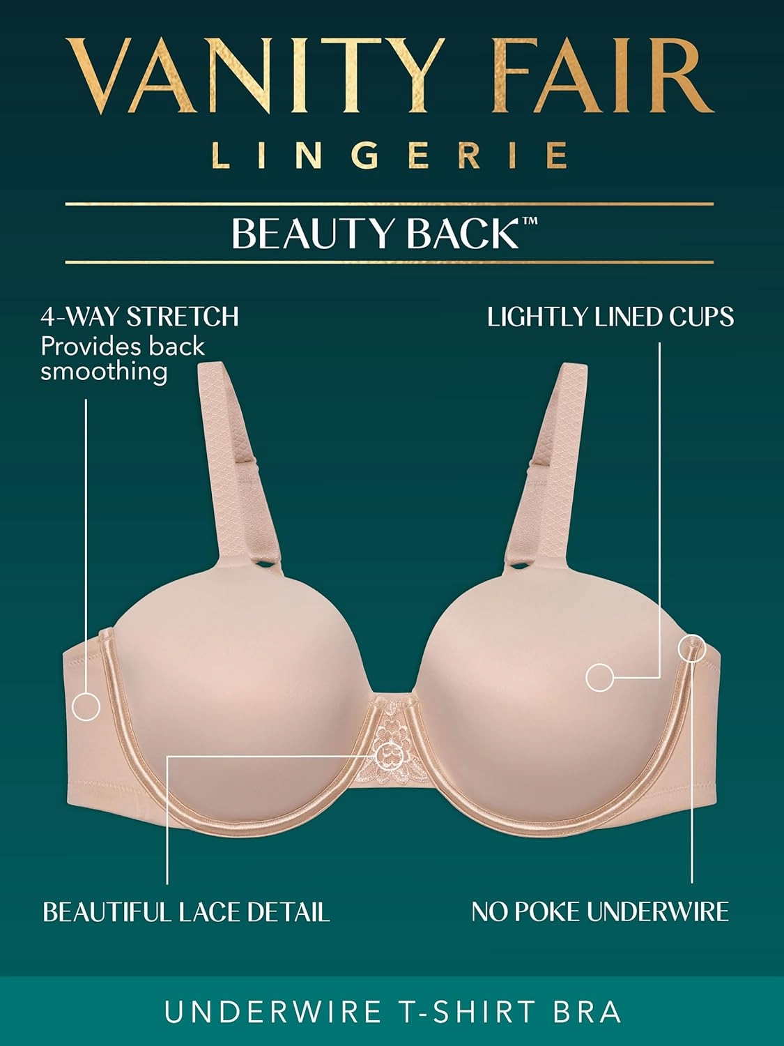 Vanity Fair Women's Full Figure Beauty Back Smoothing Bra, 4 Way Stretch Fabric, Lightly Lined Cups up to H