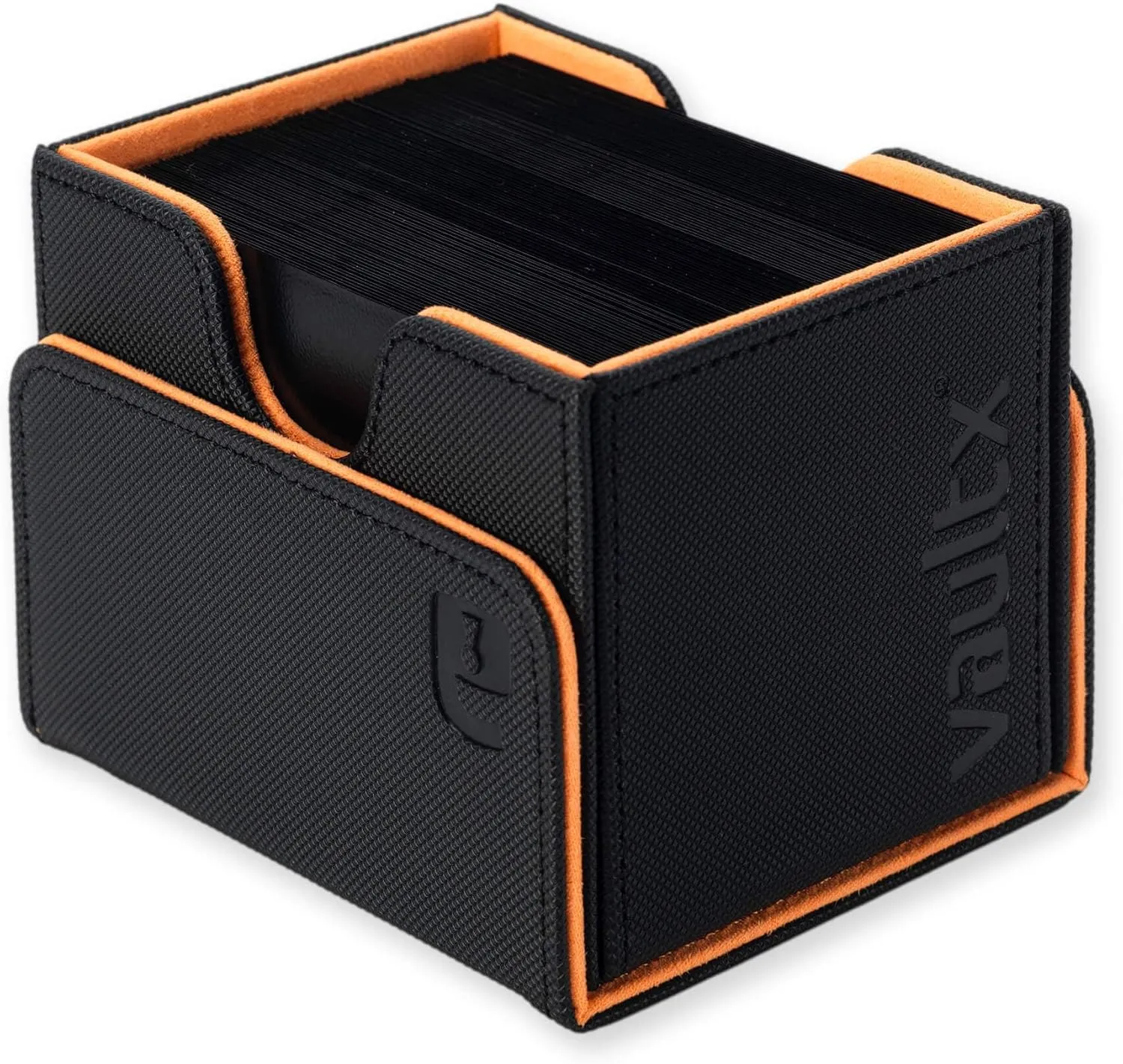 Vault X Trading Card Sideloading Deck Box, 100  sleeved cards, Premium Exo-Tec Material, Card Holder Storage Box, Detachable Magnetic Lid, for MTG Commander Game, TCG (Black/Electric Orange)