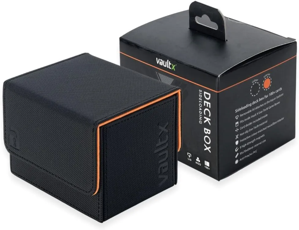 Vault X Trading Card Sideloading Deck Box, 100  sleeved cards, Premium Exo-Tec Material, Card Holder Storage Box, Detachable Magnetic Lid, for MTG Commander Game, TCG (Black/Electric Orange)