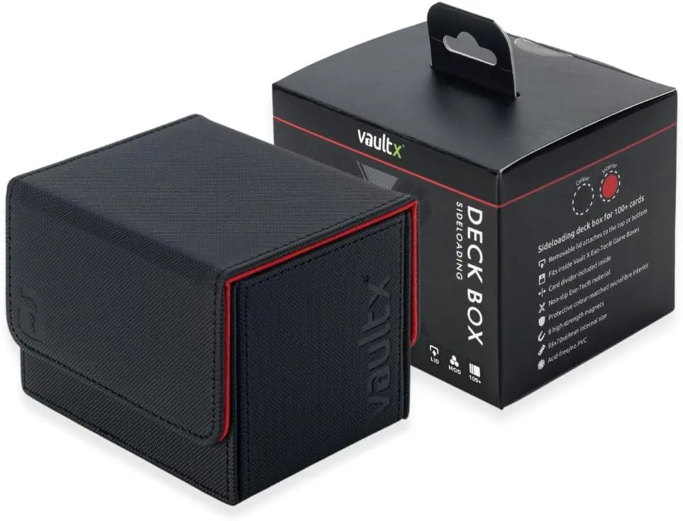 Vault X Trading Card Sideloading Deck Box, 100  sleeved cards, Premium Exo-Tec Material, Card Holder Storage Box, Detachable Magnetic Lid, for MTG Commander Game, TCG (Black/Electric Red)