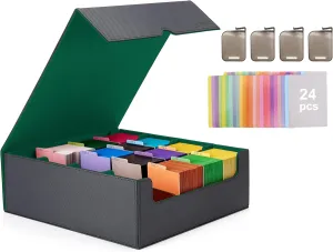 Venssu Card Storage Box For Trading Cards With Dedicated Card Supporters,3000  Mtg Deck Box With 24 Colorful Divider Tabs,Trading Card Storage Fits For Magic Game Cards (Black and Green)