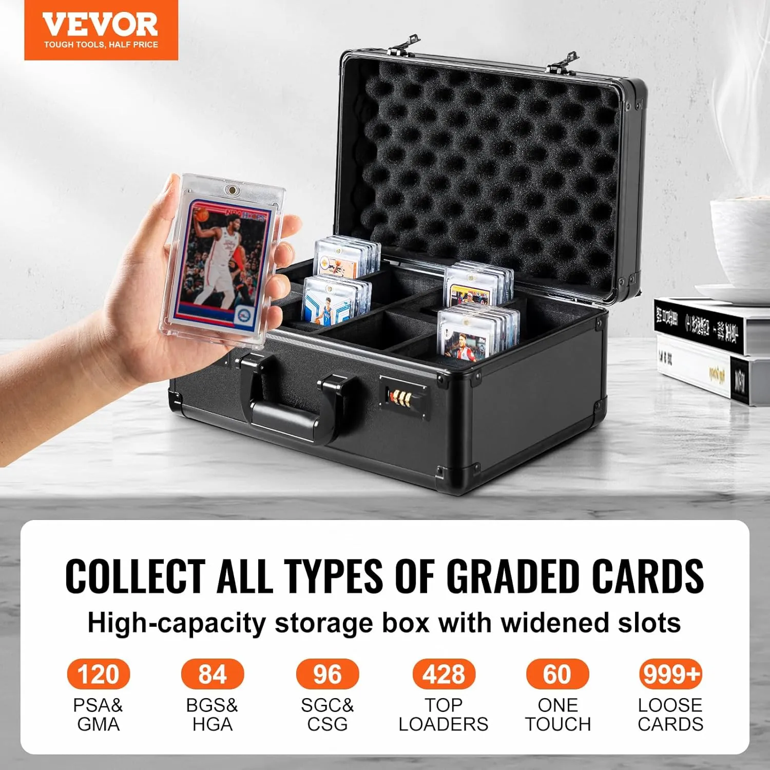 VEVOR 120 PSA Graded Card Storage Box 4 Slots, with Coded Lock Foam Dividers, Graded Sports Cards Holder Carrying Case for 84 BGS Cards 96 SGC Cards 428 Top Loaders or 999  Loose Cards