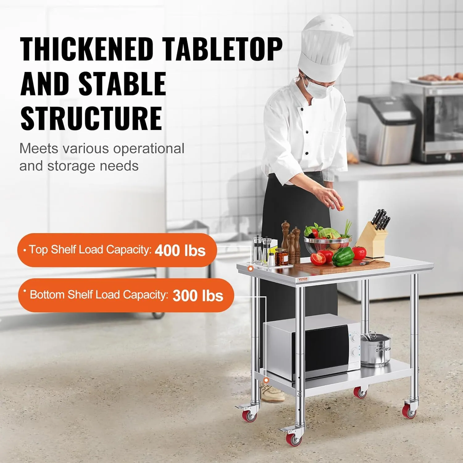 Vevor Mophorn Stainless Steel Work Table 36x24 Inch with 4 Wheels, Casters Heavy Duty Food Prep Worktable for Commercial Kitchen Restaurant, Silver