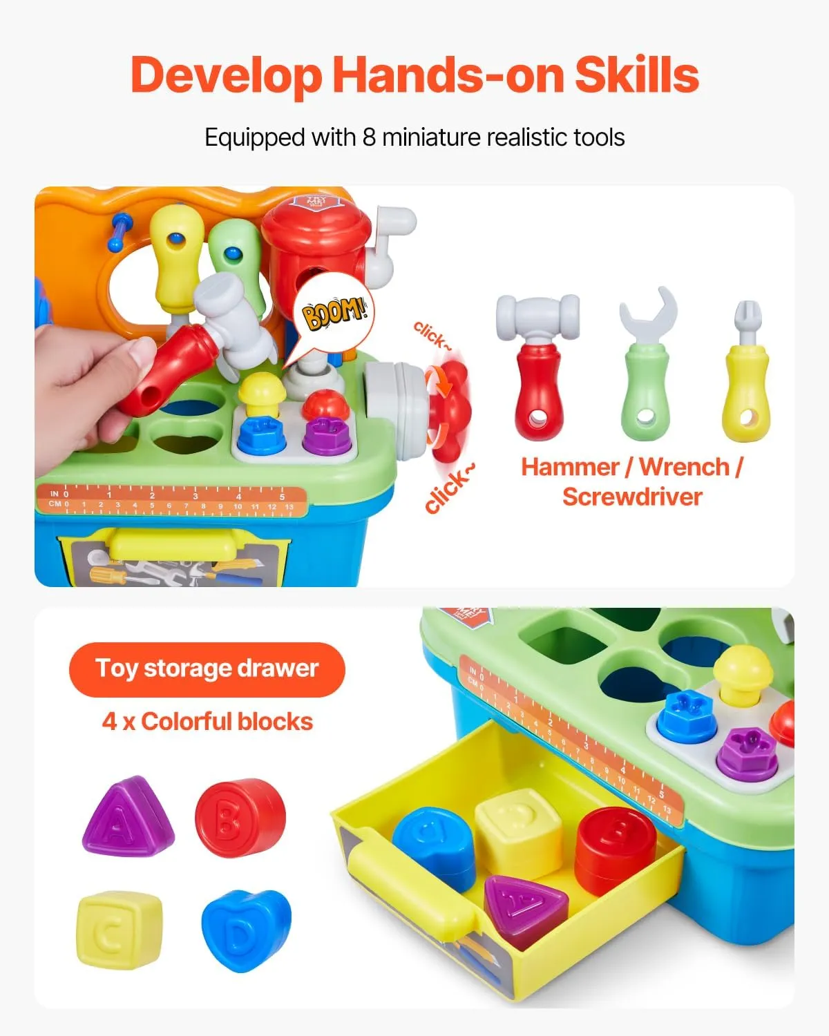 VEVOR Musical Workbench Toy, Sounds & Lights, Musical Learning Workbench for Toddler Age 2 Years and Up, Baby Pretend Play Tool Set, Infant Shape Sorter Activities, Kids Pounding Game, Boys & Girls