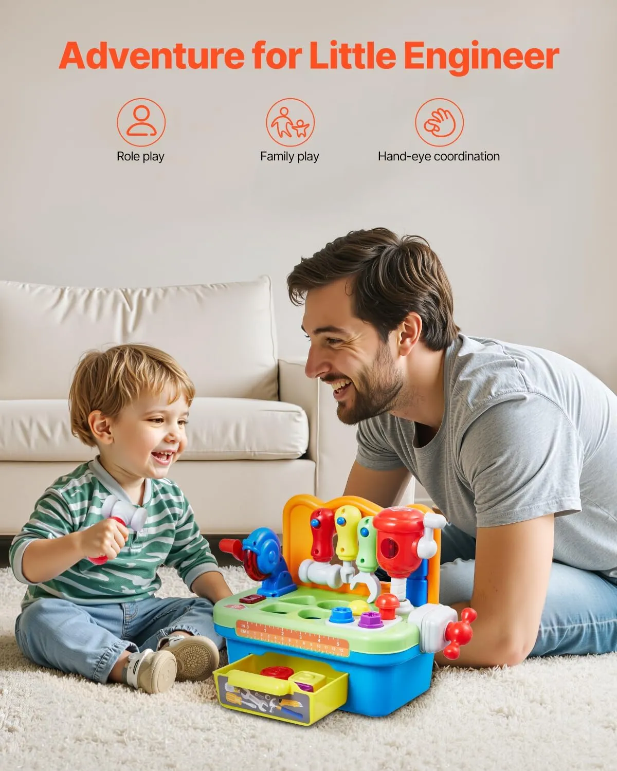 VEVOR Musical Workbench Toy, Sounds & Lights, Musical Learning Workbench for Toddler Age 2 Years and Up, Baby Pretend Play Tool Set, Infant Shape Sorter Activities, Kids Pounding Game, Boys & Girls