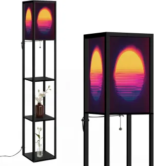 Vintage 80s Colorful Retro Sunset Vaporwave synthwave Styled Floor Lamps with Shelves, Modern Standing Lamp Narrow Corner Display Bookshelf Lamp for Living Room, Bedroom, Office Decor