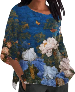 Vintage Floral Graphic Womens Blouse Casual Summer 3/4 Sleeve Shirt Loose Lightweight Comfy Crewneck Beach Tops