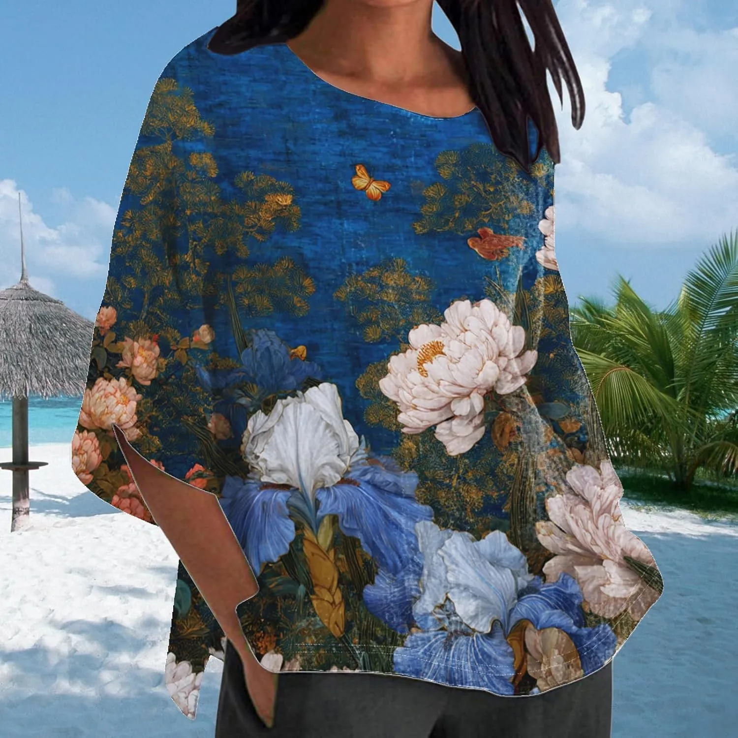 Vintage Floral Graphic Womens Blouse Casual Summer 3/4 Sleeve Shirt Loose Lightweight Comfy Crewneck Beach Tops