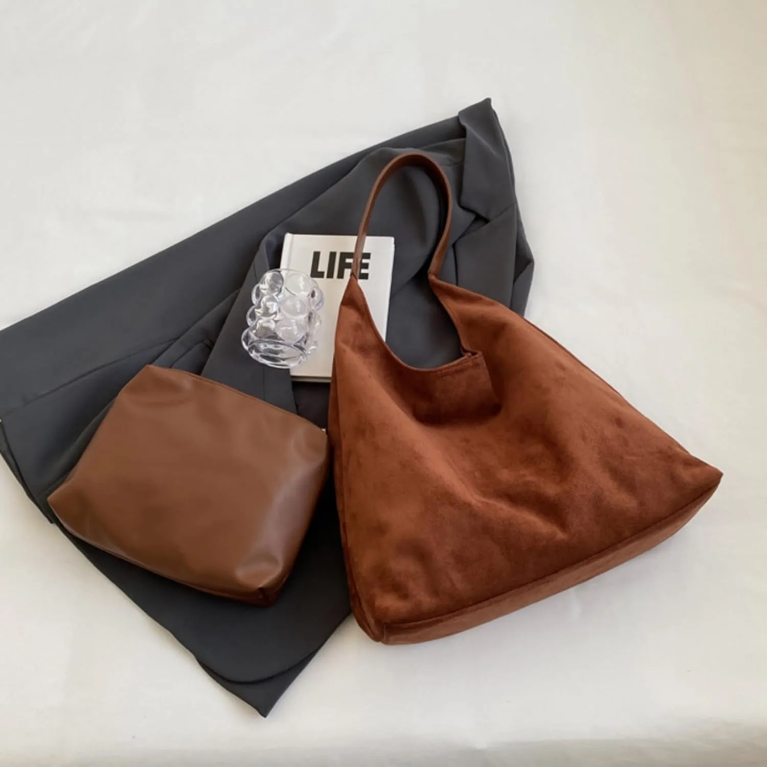 Vintage Suede Tote Bag for Women Autumn Winter 2025 Collection Retro Casual Commute Large Capacity Shoulder Bag