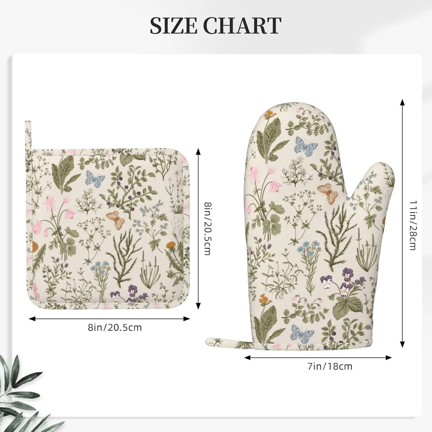 Vintage Wildflower Herbs Floral Rustic Butterfly Oven Mitts and Pot Holders Sets Silicone Kitchen Mitts Potholders Heat Resistant 4Pcs Oven Gloves Hot Pads for Kitchen Baking Cooking